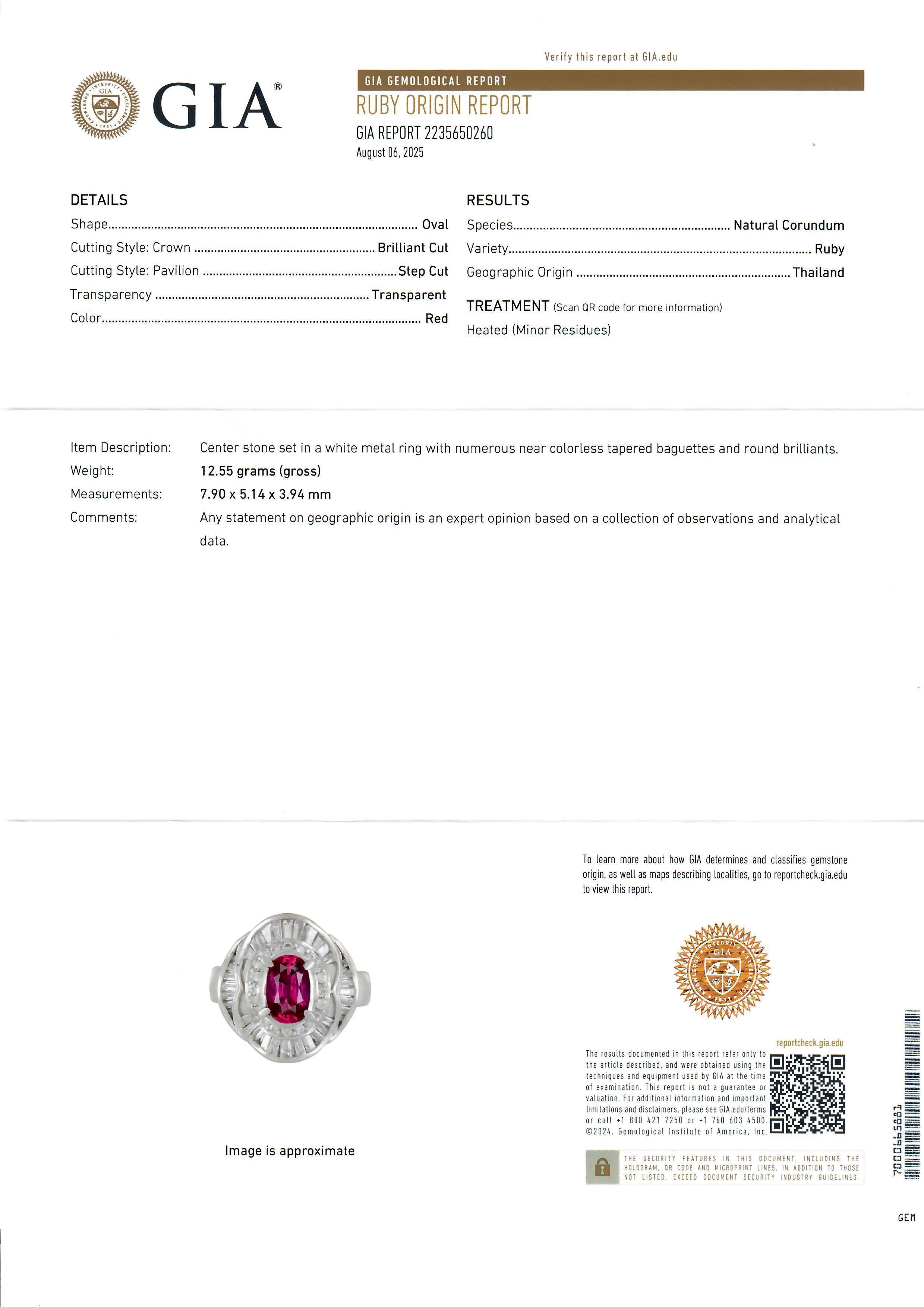--Stone(s):--
(1) Natural Genuine Ruby - Oval Brilliant Cut - Prong Set - Red Color - Heated - 1.51ctw (exact)
** See Certification Details Below for Complete Info **
Numerous Natural Genuine Diamonds - Baguette & Round Brilliant Cut -Channel &