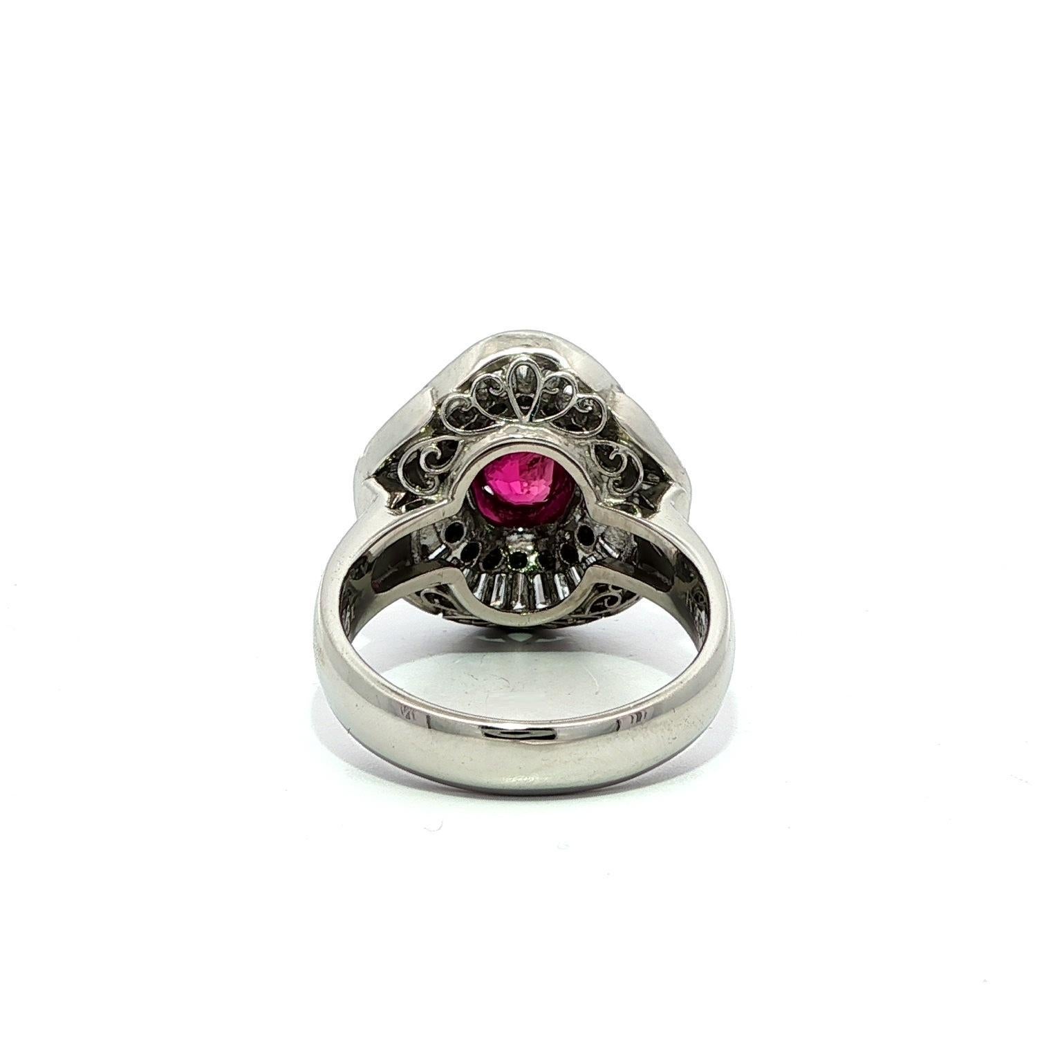Brilliant Cut Platinum GIA 2.53ctw Oval Ruby w/ Baguette & Round Diamond Flared Ballerina Ring For Sale