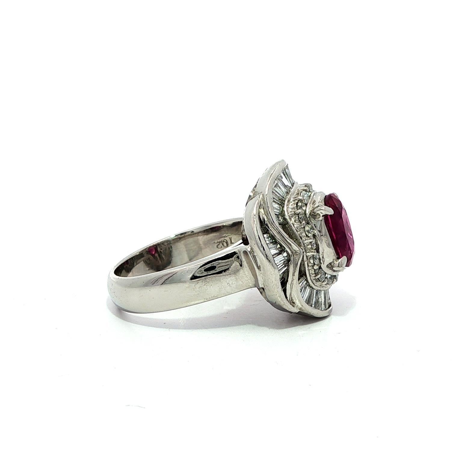 Platinum GIA 2.53ctw Oval Ruby w/ Baguette & Round Diamond Flared Ballerina Ring In Excellent Condition For Sale In Montclair, NJ