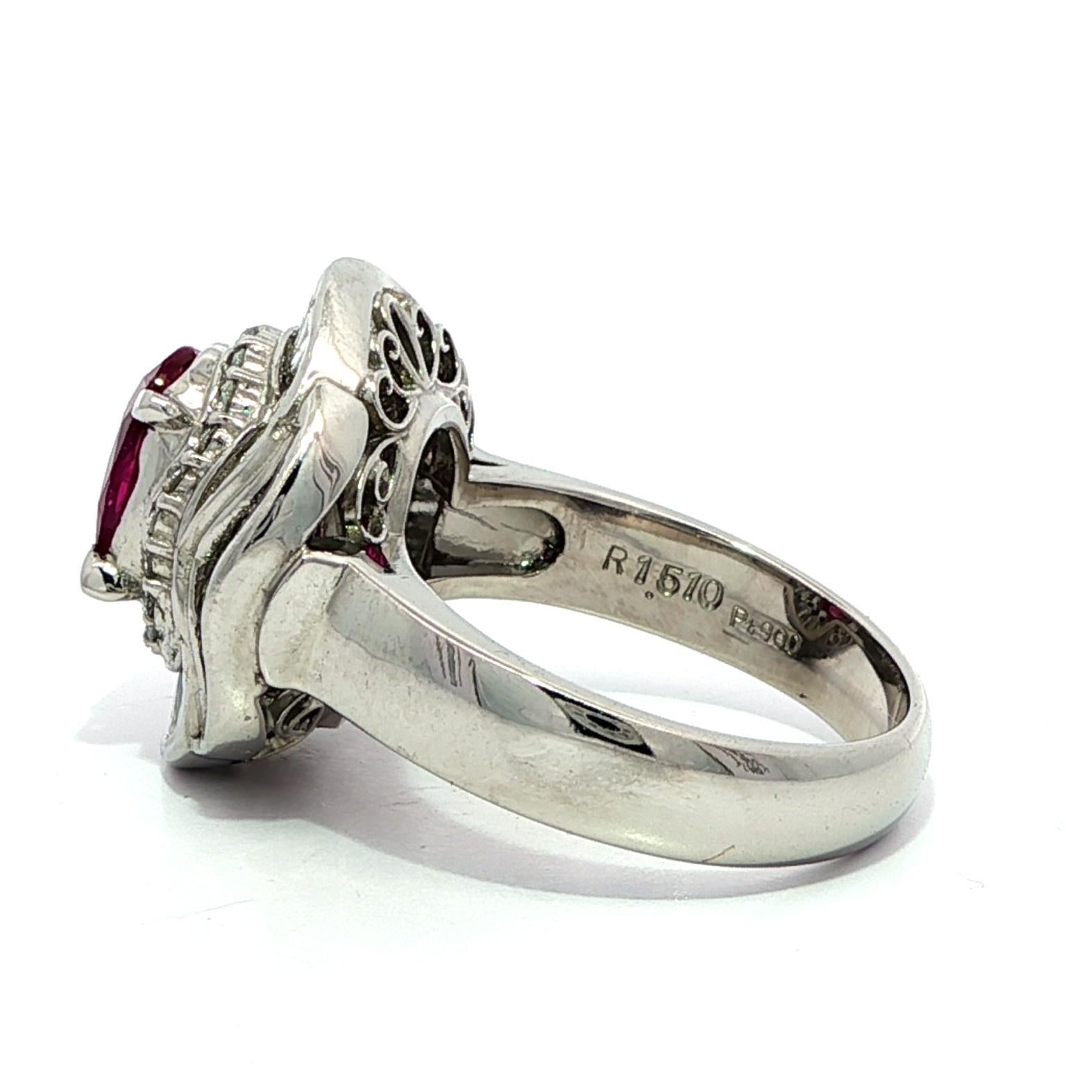 Women's Platinum GIA 2.53ctw Oval Ruby w/ Baguette & Round Diamond Flared Ballerina Ring For Sale