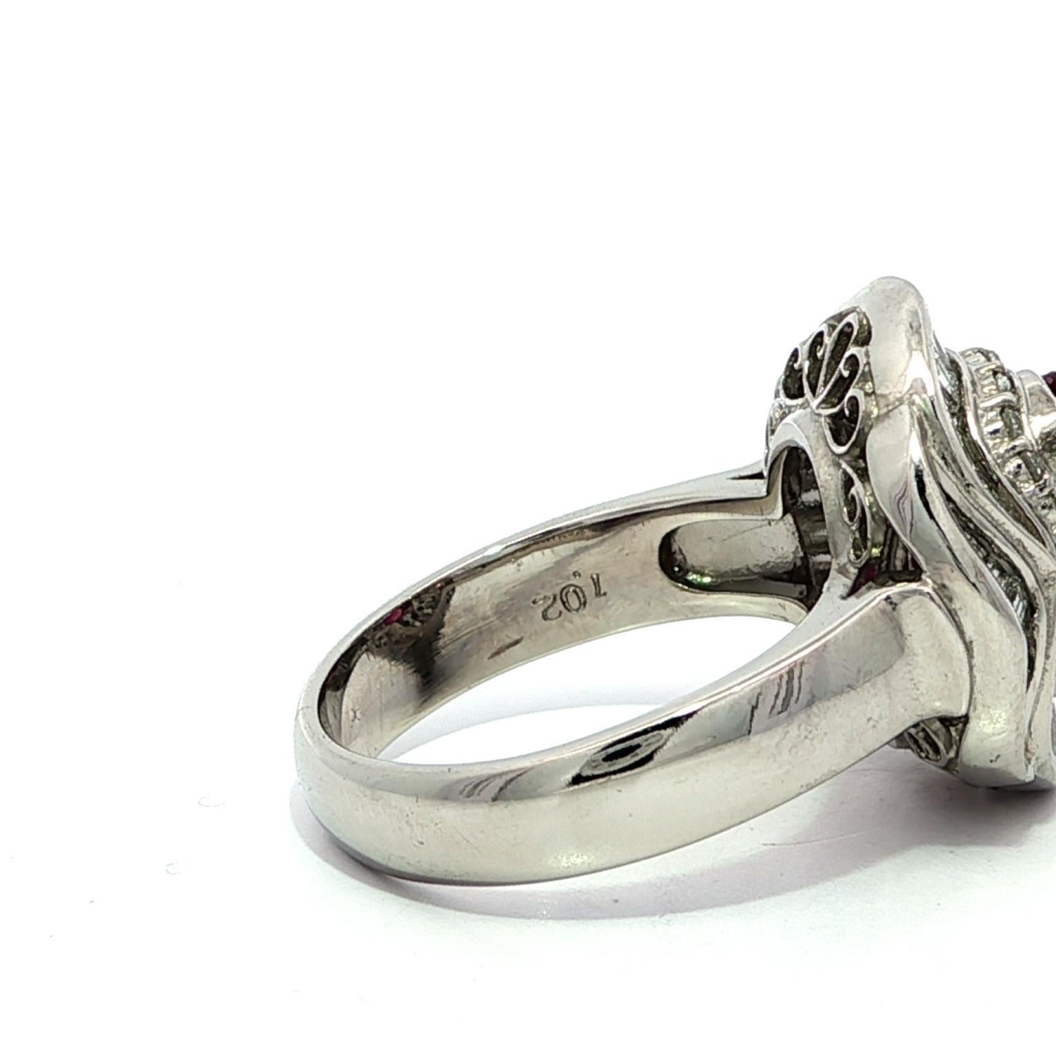 Platinum GIA 2.53ctw Oval Ruby w/ Baguette & Round Diamond Flared Ballerina Ring For Sale 1