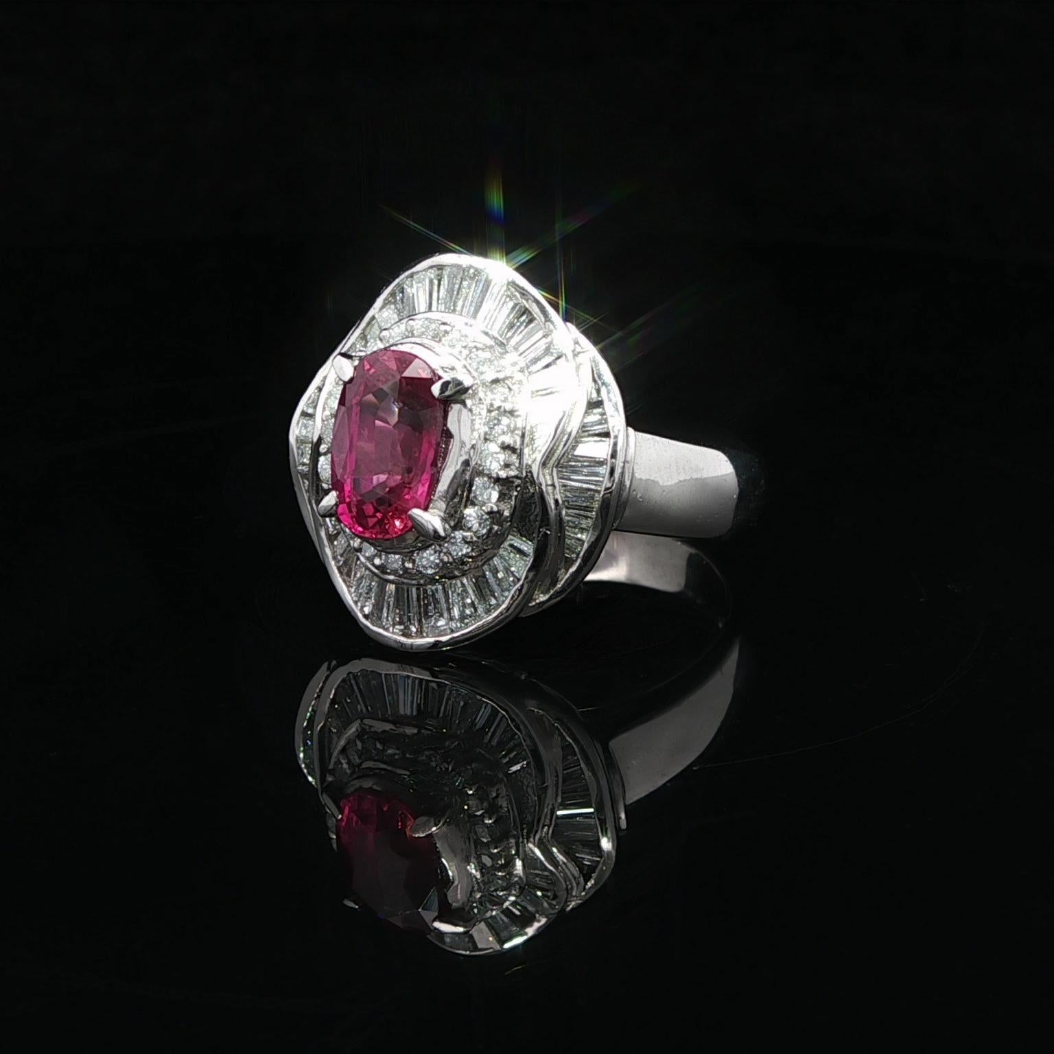 Platinum GIA 2.53ctw Oval Ruby w/ Baguette & Round Diamond Flared Ballerina Ring For Sale 3