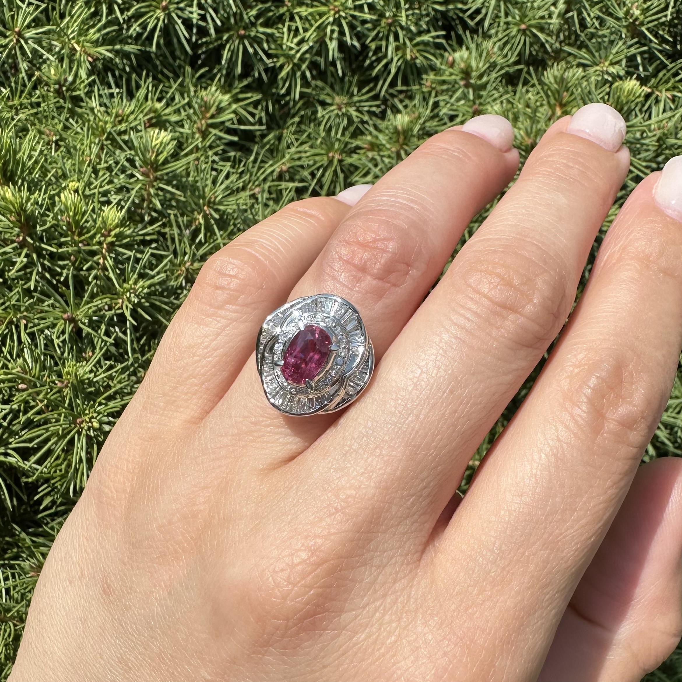 Platinum GIA 2.53ctw Oval Ruby w/ Baguette & Round Diamond Flared Ballerina Ring For Sale 4