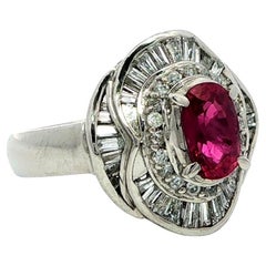 Platinum GIA 2.53ctw Oval Ruby w/ Baguette & Round Diamond Flared Ballerina Ring