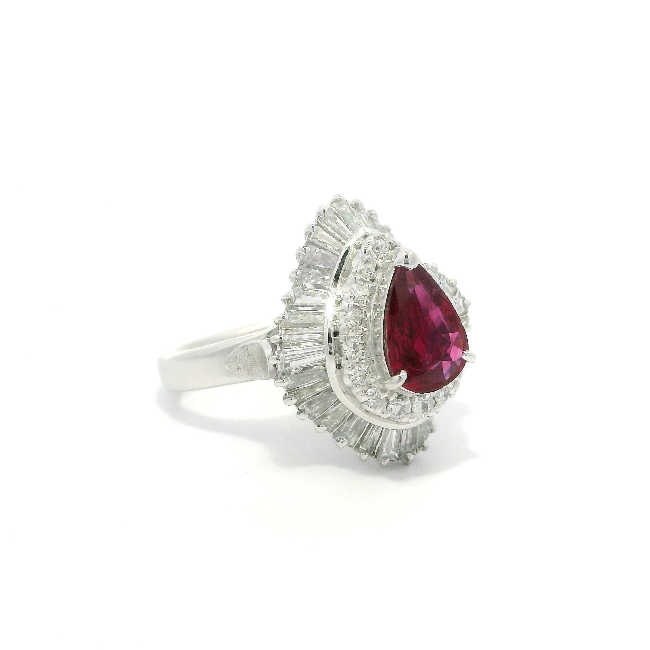 Platinum GIA 2.55ctw Pear Ruby & Diamond Double Halo Ballerina Cocktail Ring For Sale 7