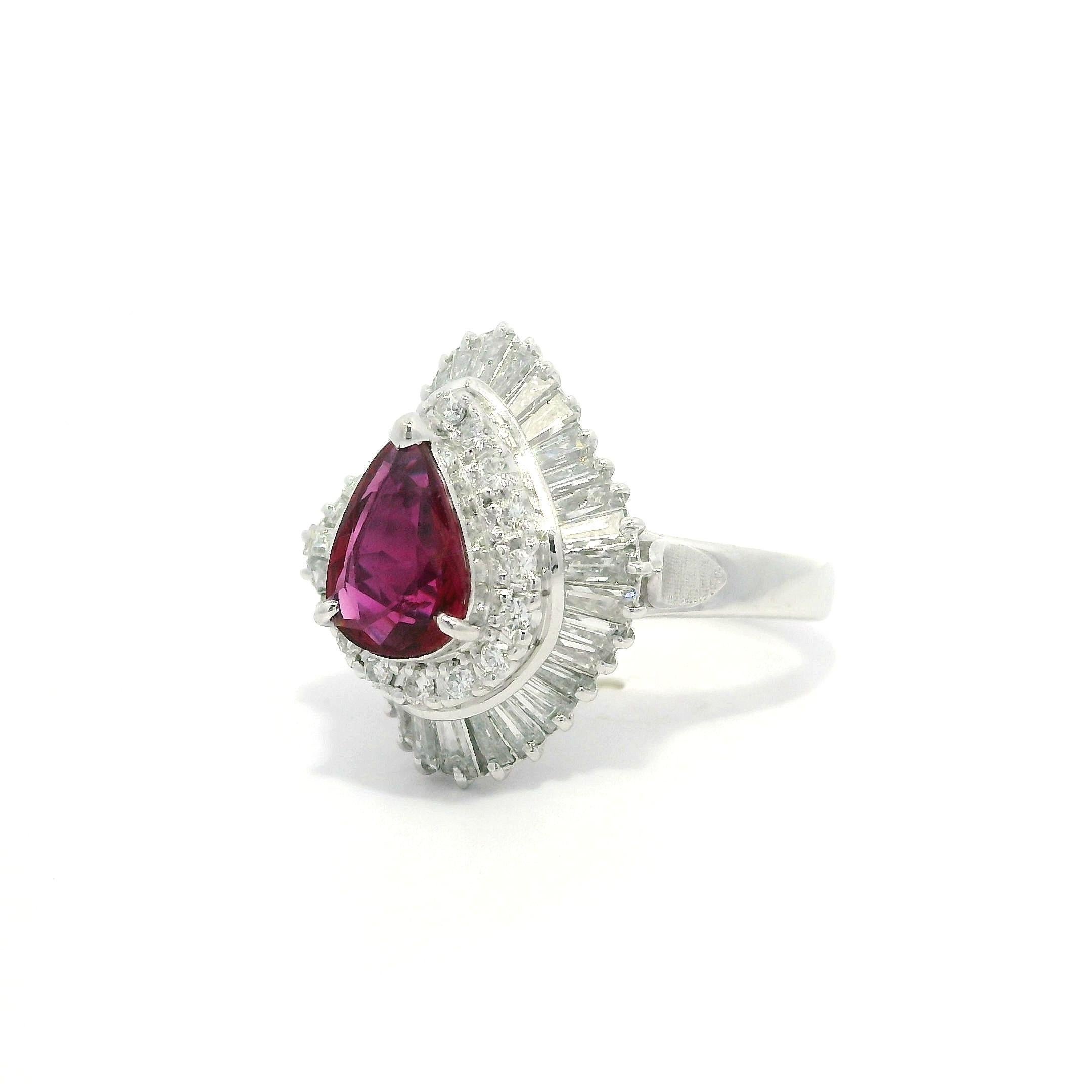 Platinum GIA 2.55ctw Pear Ruby & Diamond Double Halo Ballerina Cocktail Ring For Sale 8