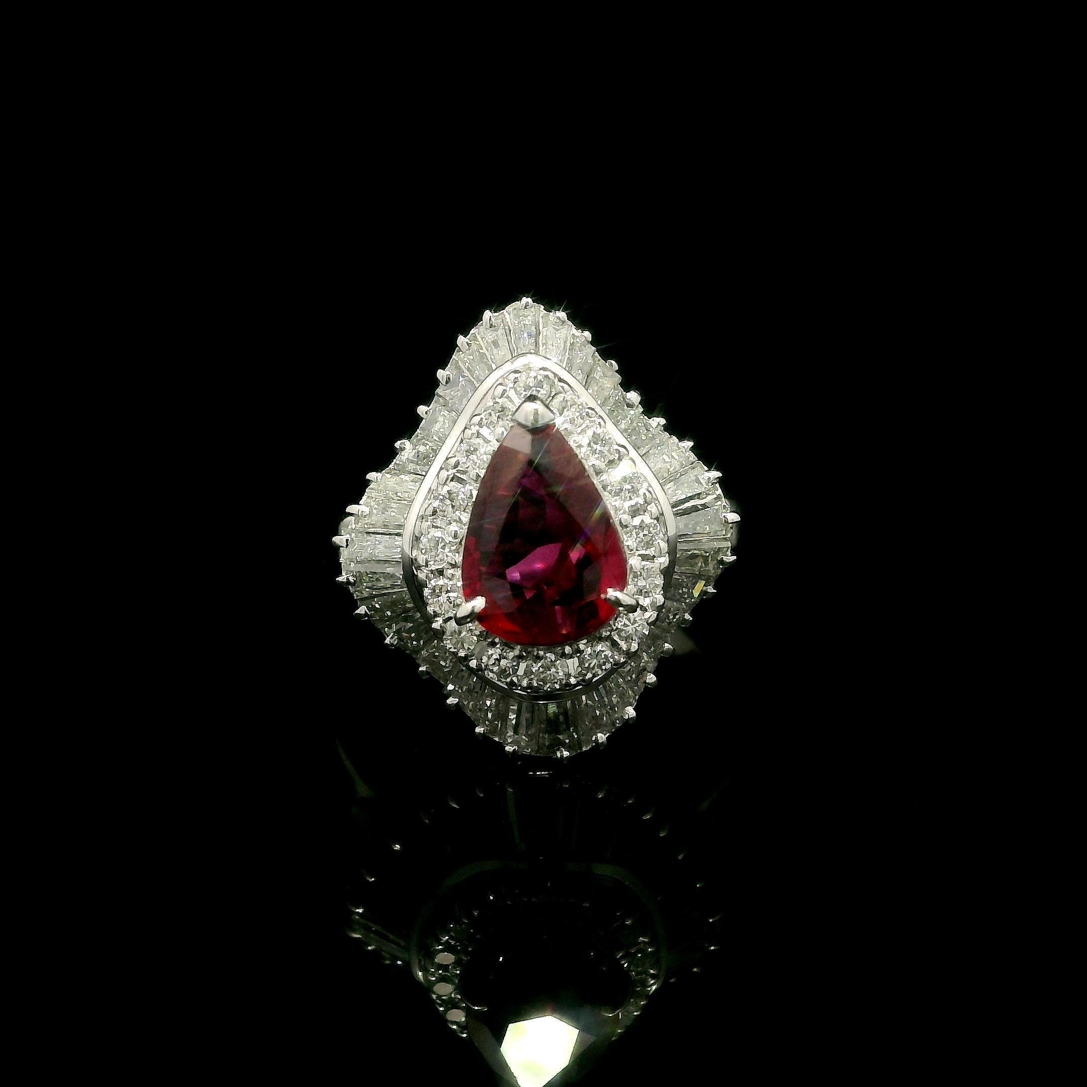 Platinum GIA 2.55ctw Pear Ruby & Diamond Double Halo Ballerina Cocktail Ring For Sale 9