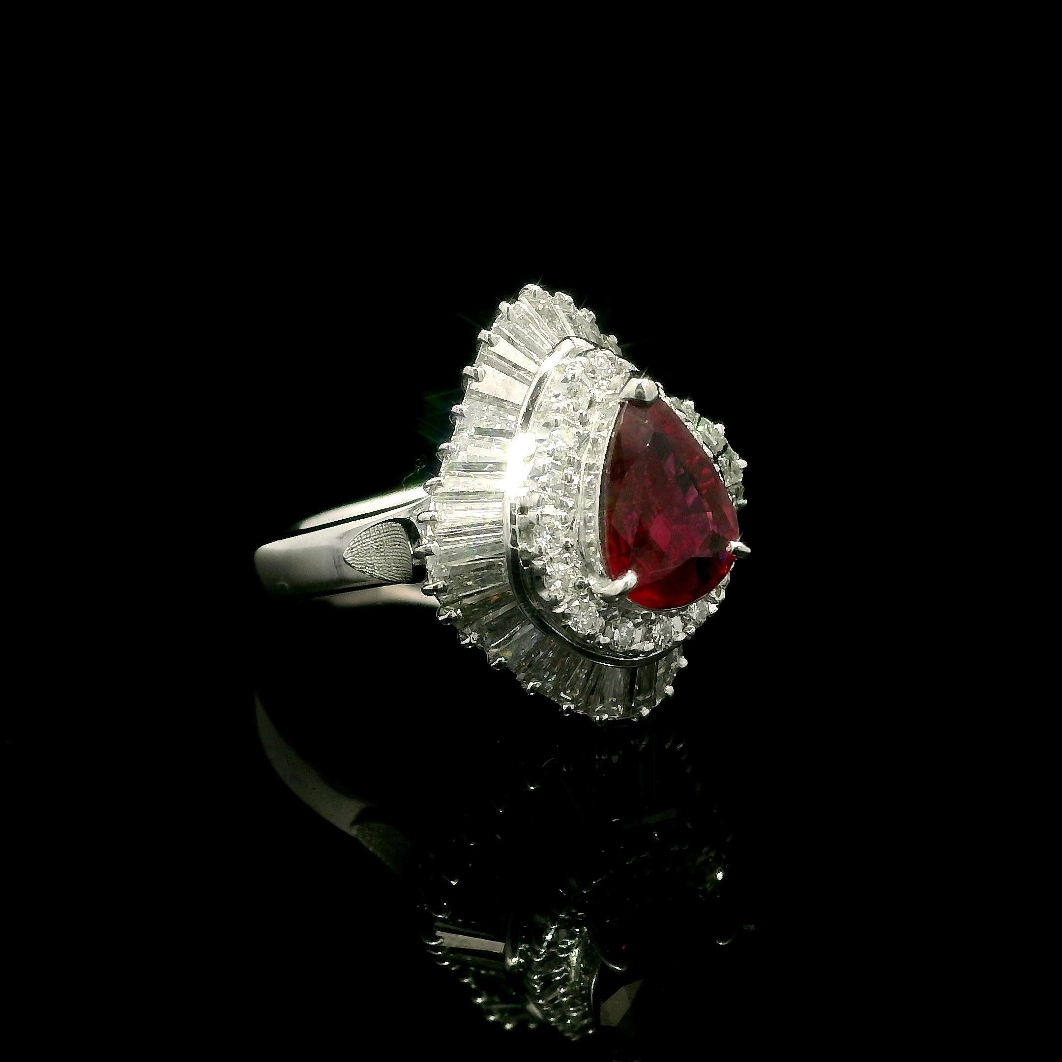 Platinum GIA 2.55ctw Pear Ruby & Diamond Double Halo Ballerina Cocktail Ring For Sale 10
