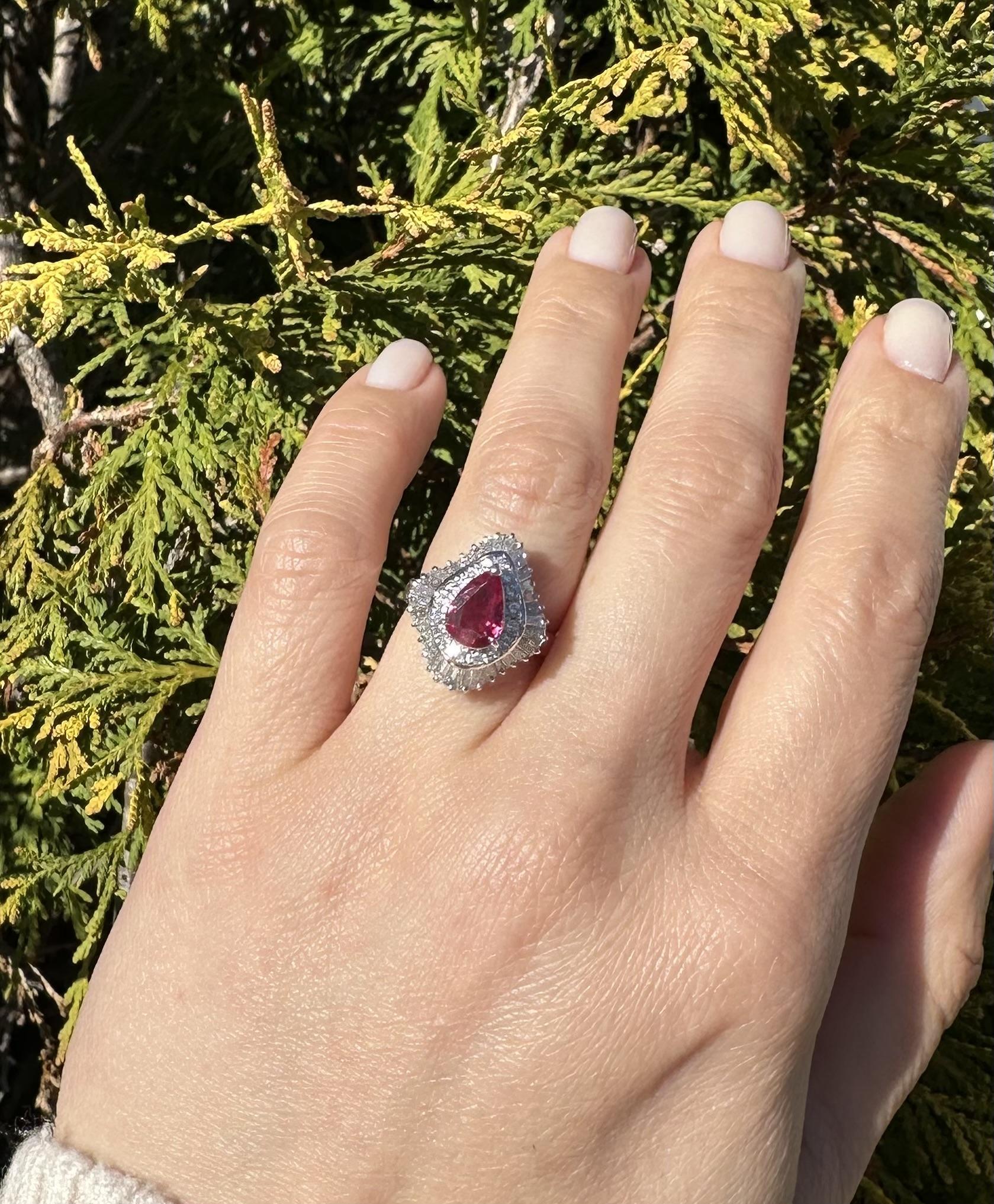 Pear Cut Platinum GIA 2.55ctw Pear Ruby & Diamond Double Halo Ballerina Cocktail Ring For Sale