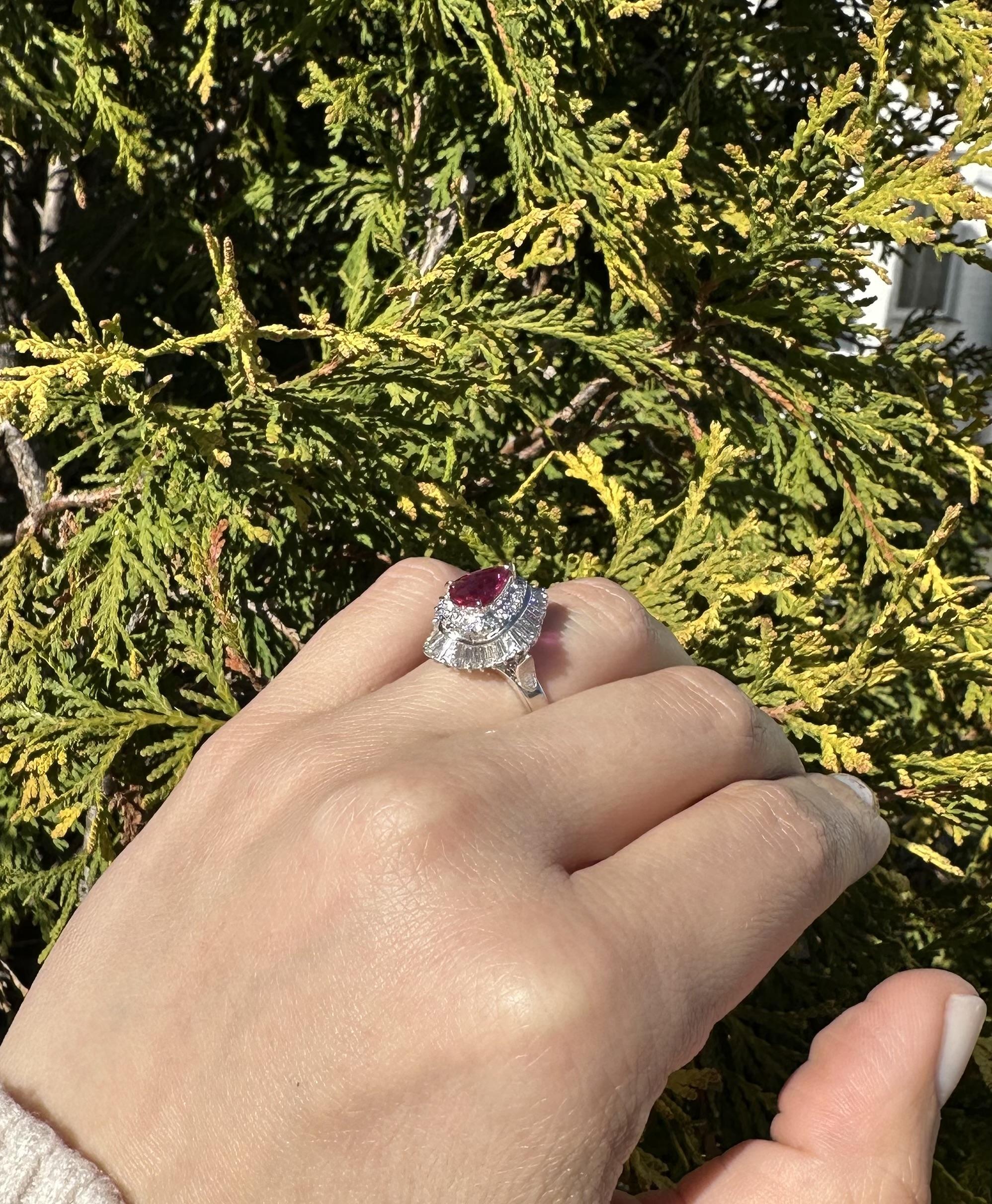 Platinum GIA 2.55ctw Pear Ruby & Diamond Double Halo Ballerina Cocktail Ring In Excellent Condition For Sale In Montclair, NJ
