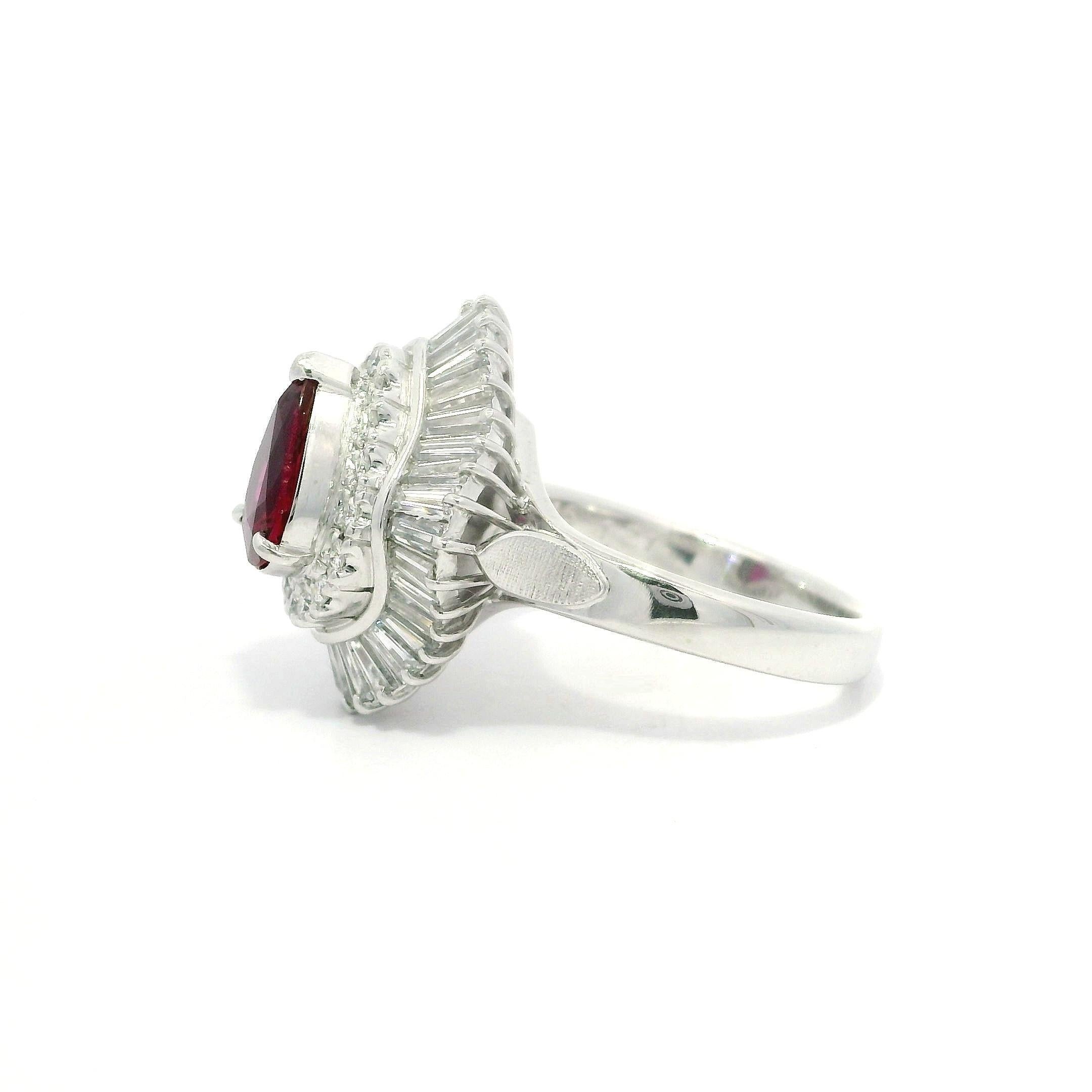 Women's Platinum GIA 2.55ctw Pear Ruby & Diamond Double Halo Ballerina Cocktail Ring For Sale