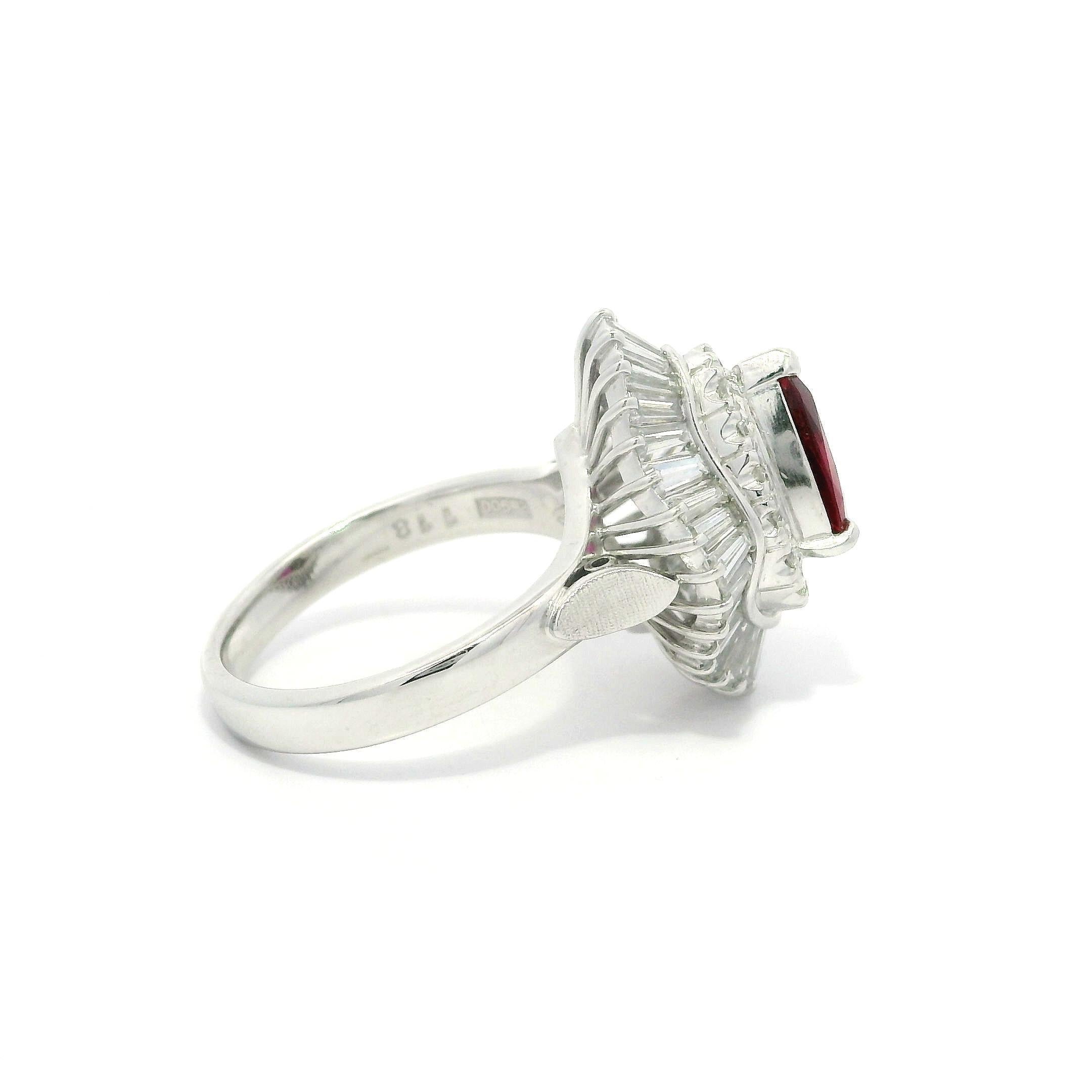 Platinum GIA 2.55ctw Pear Ruby & Diamond Double Halo Ballerina Cocktail Ring For Sale 2