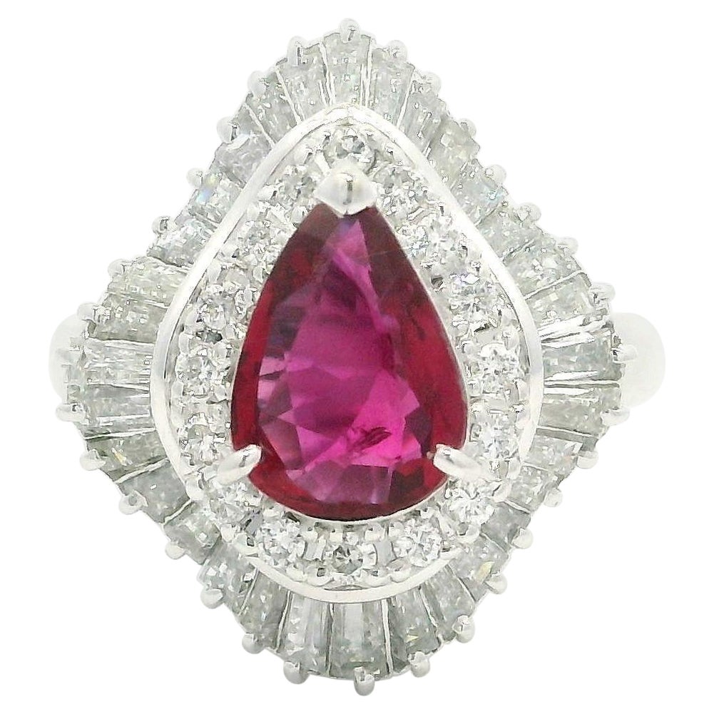 Platinum GIA 2.55ctw Pear Ruby & Diamond Double Halo Ballerina Cocktail Ring
