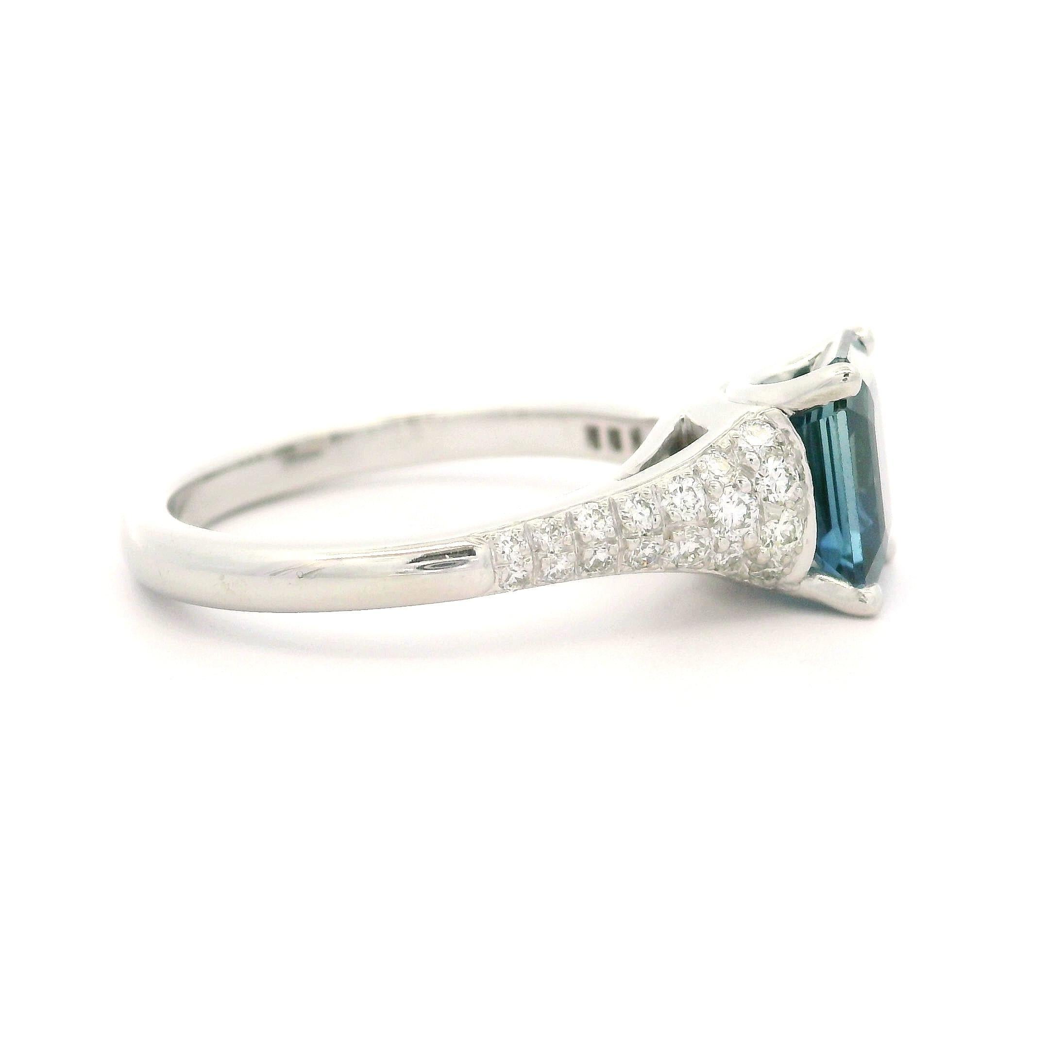 Women's Platinum GIA 2.56ctw No Heat Emerald Cut Sapphire & Pave Diamond Ring For Sale