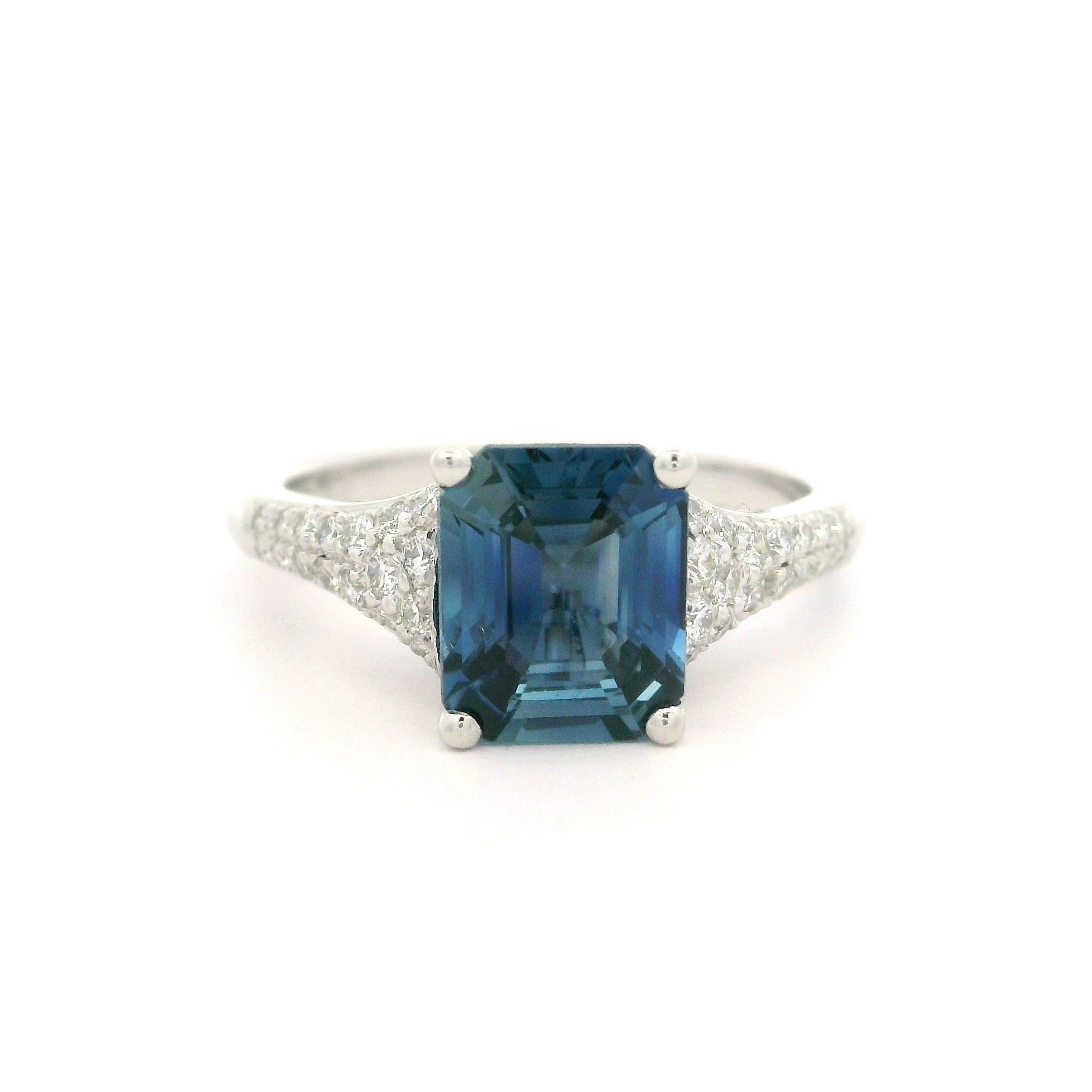 Platinum GIA 2.56ctw No Heat Emerald Cut Sapphire & Pave Diamond Ring For Sale 3
