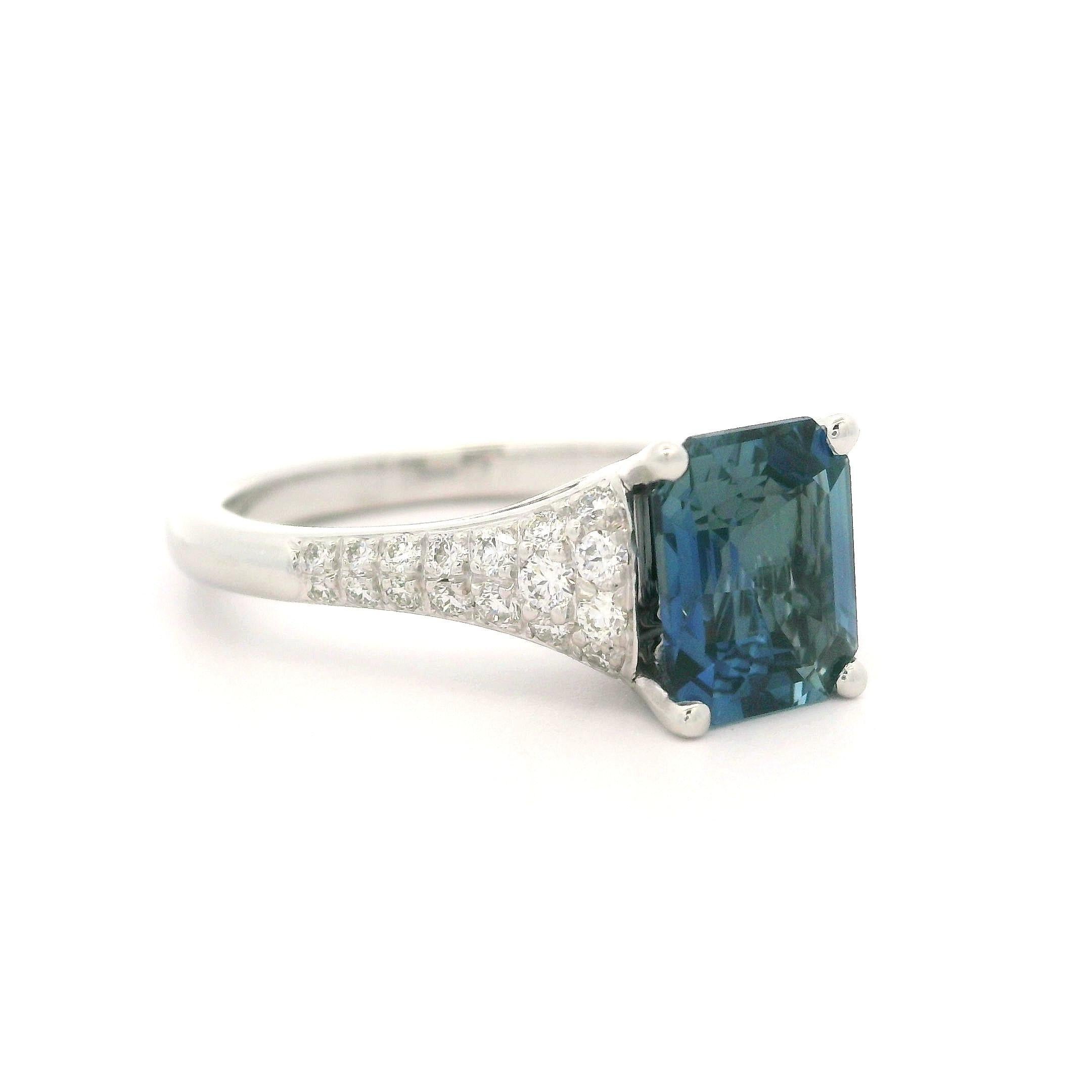 Platinum GIA 2.56ctw No Heat Emerald Cut Sapphire & Pave Diamond Ring For Sale 4