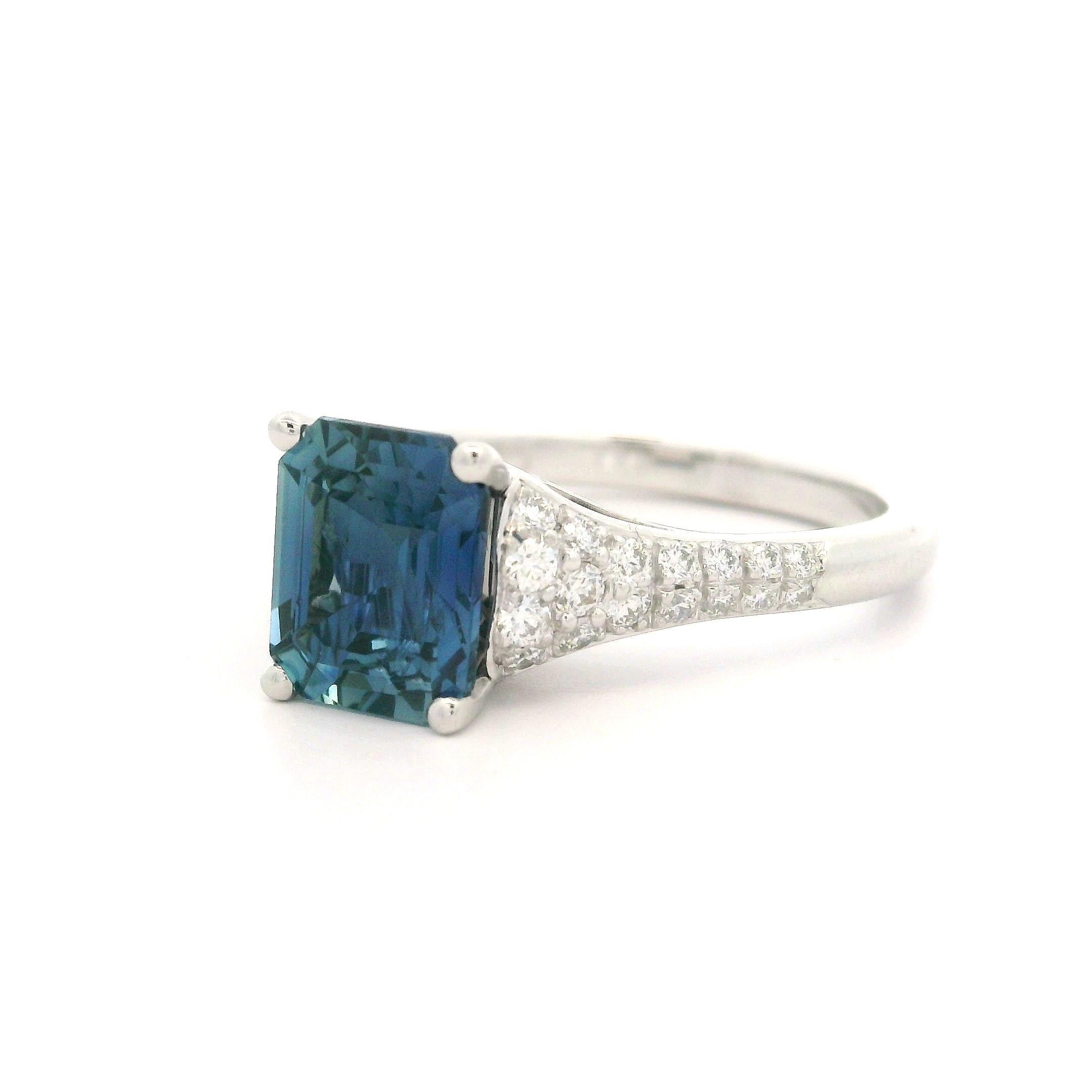 Platinum GIA 2.56ctw No Heat Emerald Cut Sapphire & Pave Diamond Ring For Sale 5