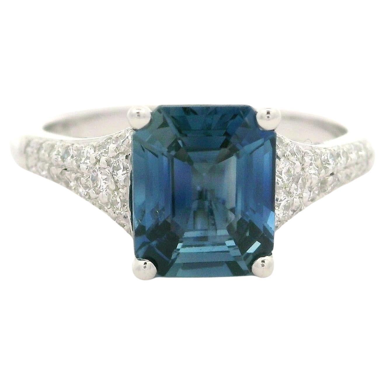 Platinum GIA 2.56ctw No Heat Emerald Cut Sapphire & Pave Diamond Ring