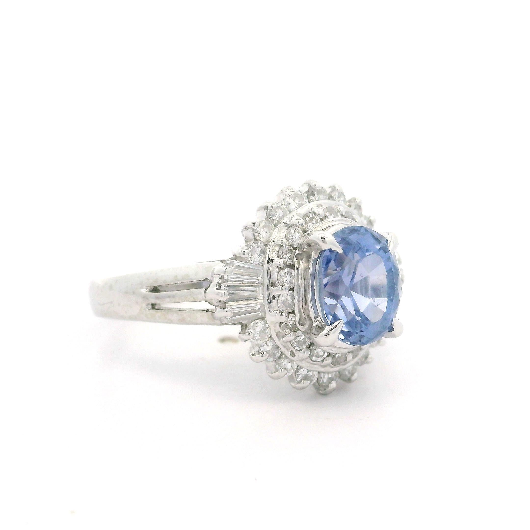 Platinum GIA 2.56ctw No Heat Periwinkle Blue Sapphire & Diamond Ballerina Ring For Sale 5