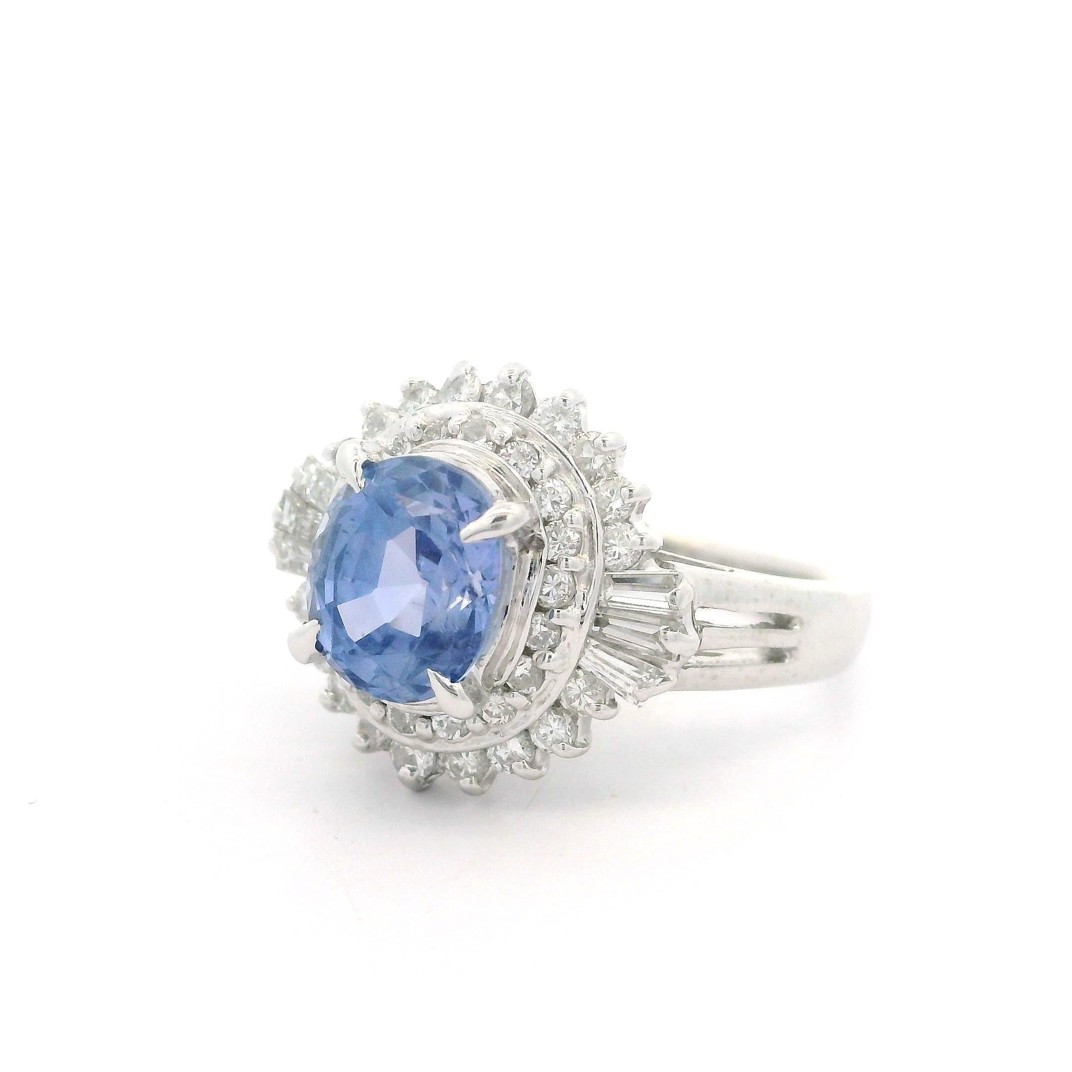Platinum GIA 2.56ctw No Heat Periwinkle Blue Sapphire & Diamond Ballerina Ring For Sale 6