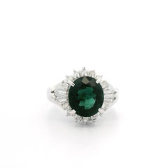 Platinum GIA 2.58ctw Dark Blue Green Tourmaline & Diamond Halo Solid Ring