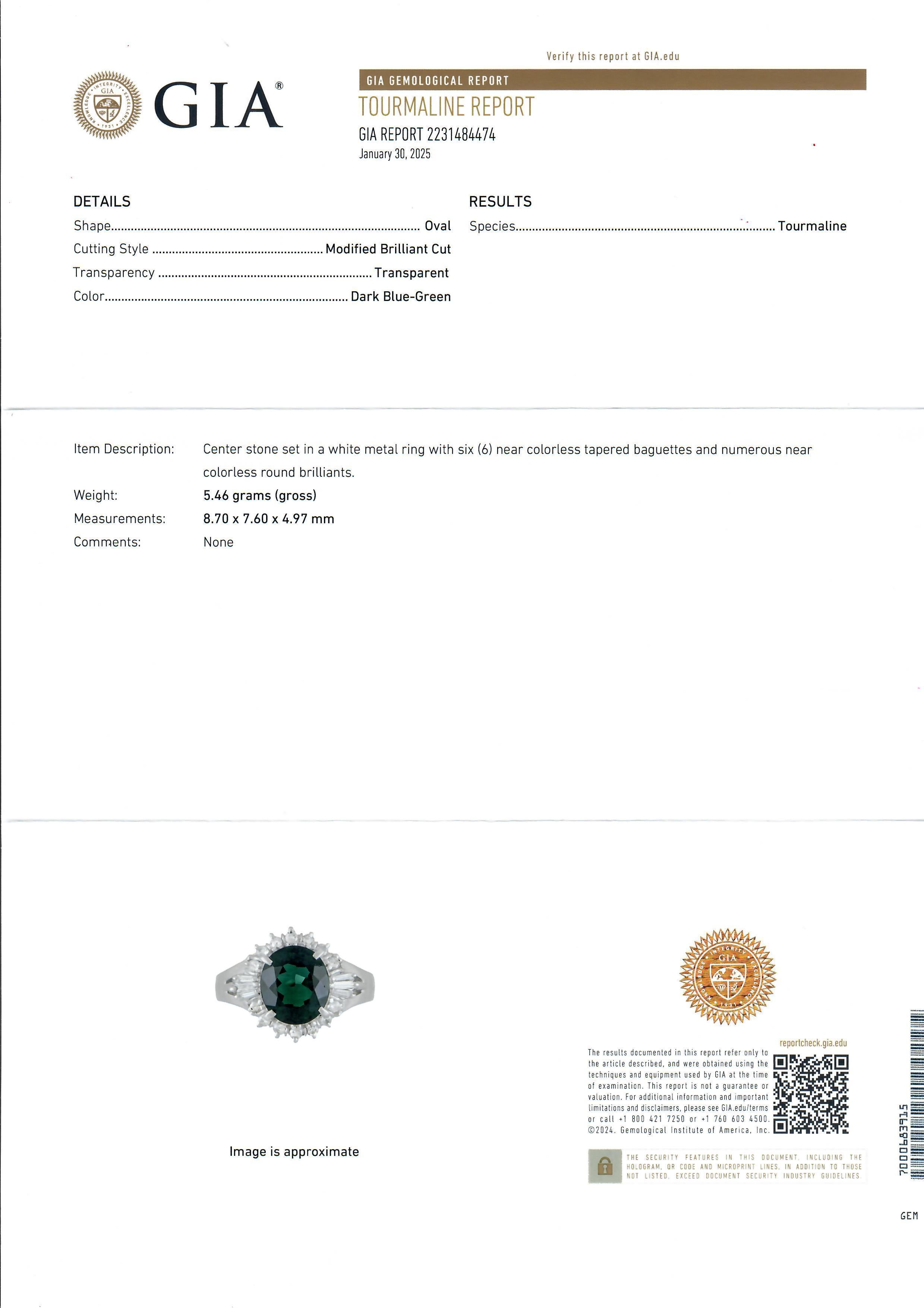 Bague en platine GIA 2.58ctw Dark Blue Green Tourmaline & Diamond Halo Solid Ring en vente 3