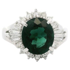 Platinum GIA 2.58ctw Dark Blue Green Tourmaline & Diamond Halo Solid Ring