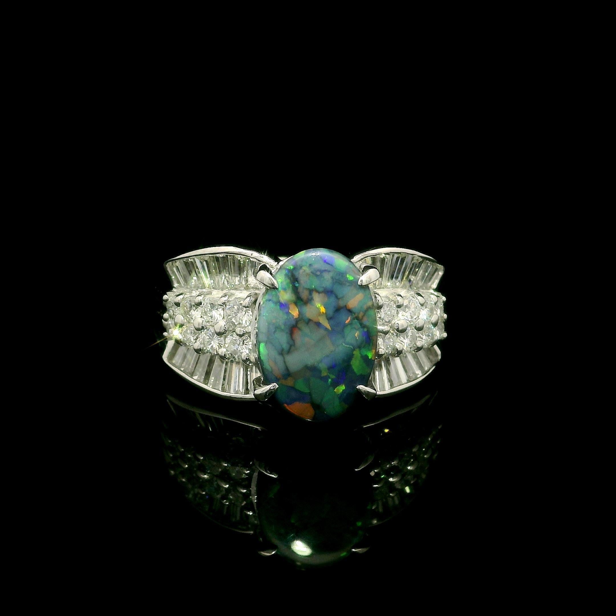 Platinum GIA 2.72ctw Mosaic Black Opal w/ Diamond Sided Cocktail Statement Ring For Sale 12