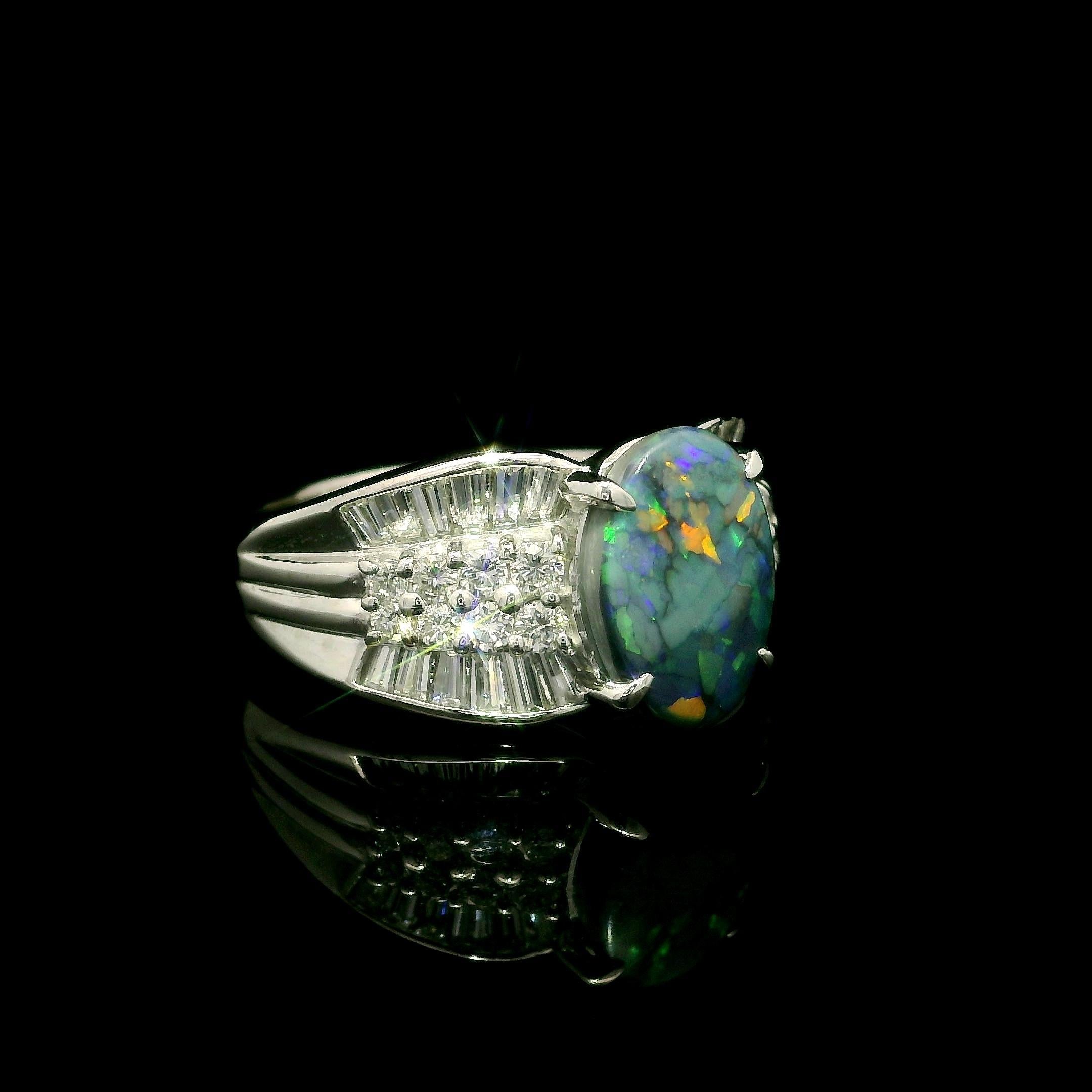 Platinum GIA 2.72ctw Mosaic Black Opal w/ Diamond Sided Cocktail Statement Ring For Sale 2