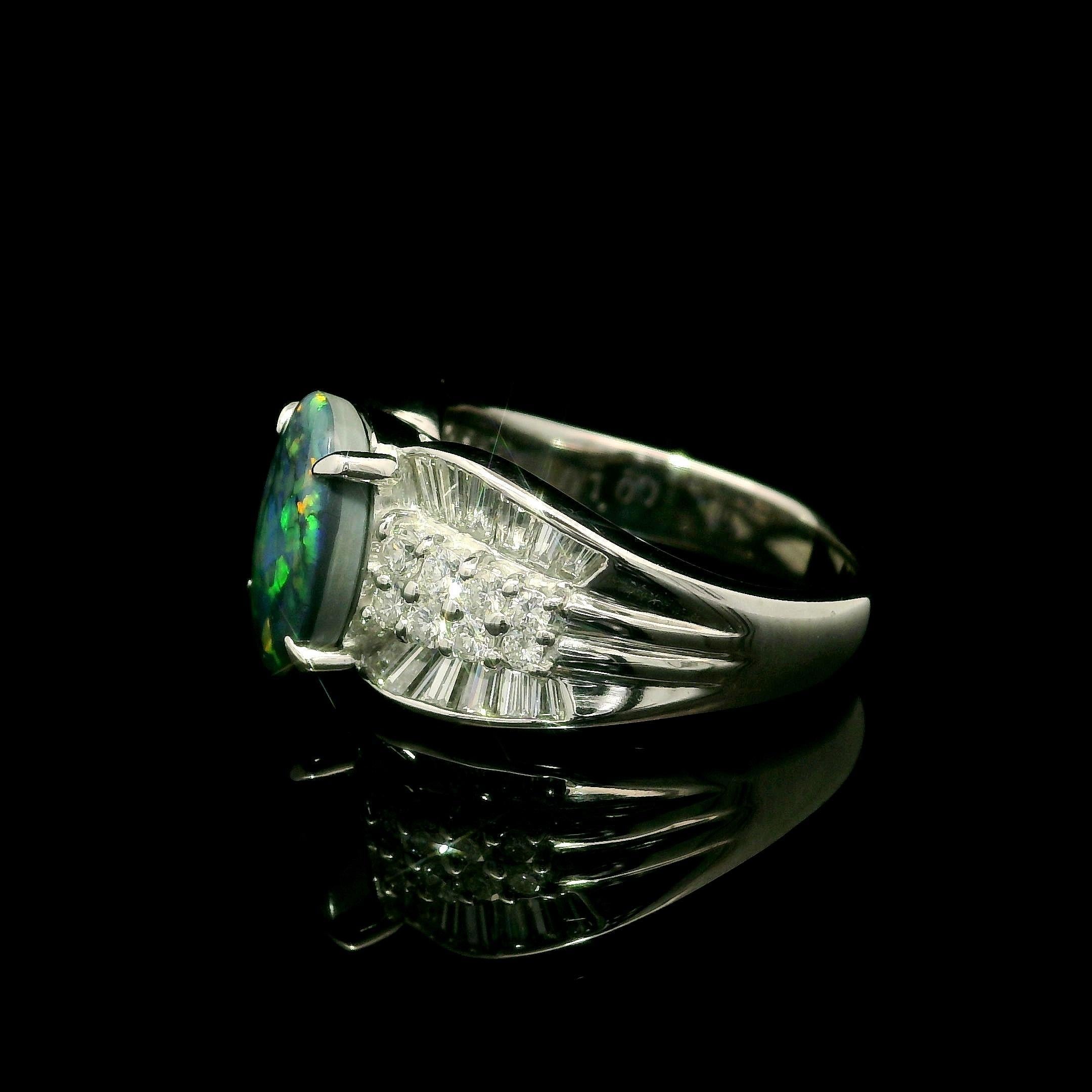 Platinum GIA 2.72ctw Mosaic Black Opal w/ Diamond Sided Cocktail Statement Ring For Sale 4