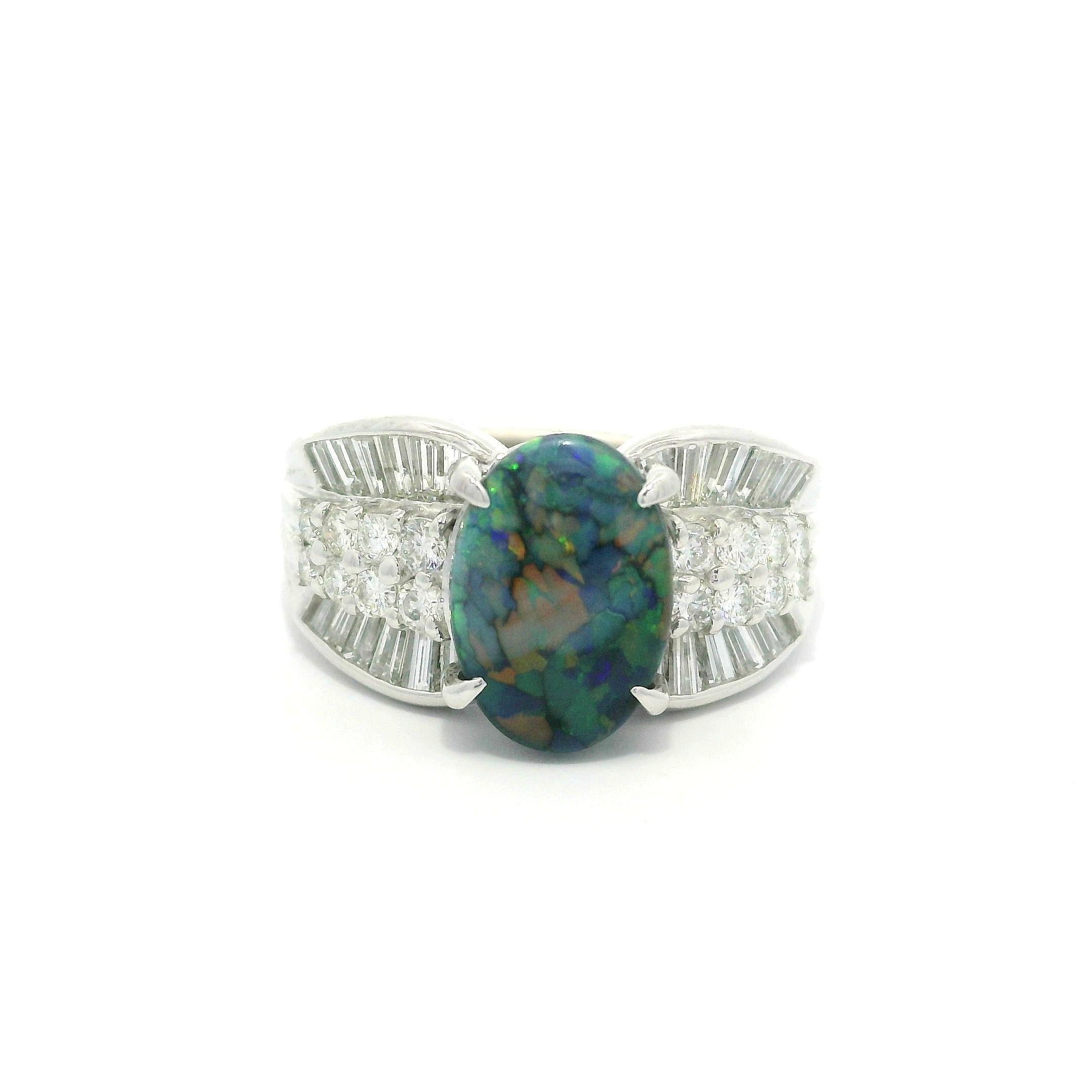 Platinum GIA 2.72ctw Mosaic Black Opal w/ Diamond Sided Cocktail Statement Ring