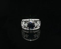 Platinum GIA 2.74ctw Cushion Sapphire w/ Diamond Heart Sides Wide Band Ring