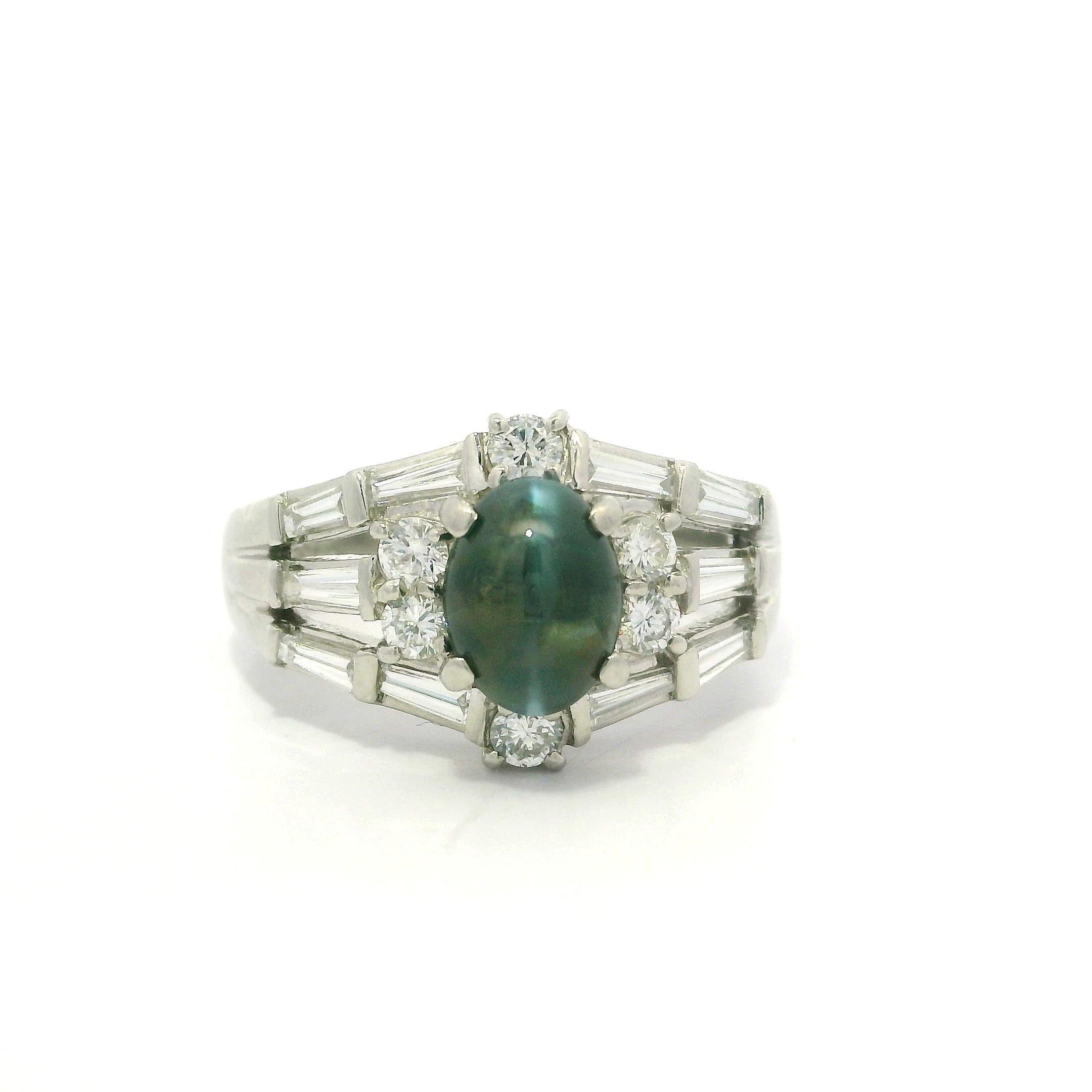 Platinum GIA 2.78ctw Cat's Eye Alexandrite Baguette Diamond Stack Look Ring For Sale 5
