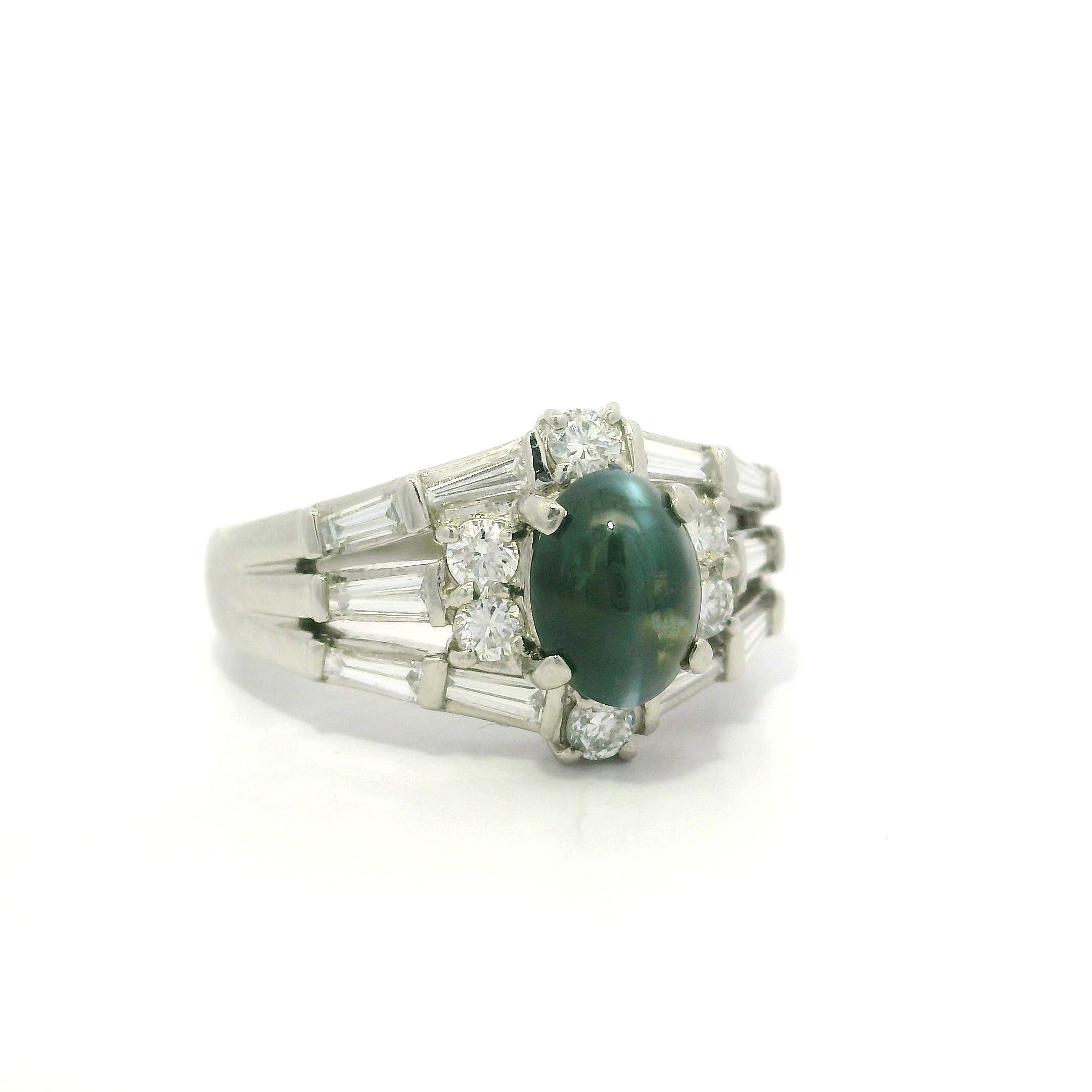 Platinum GIA 2.78ctw Cat's Eye Alexandrite Baguette Diamond Stack Look Ring For Sale 6
