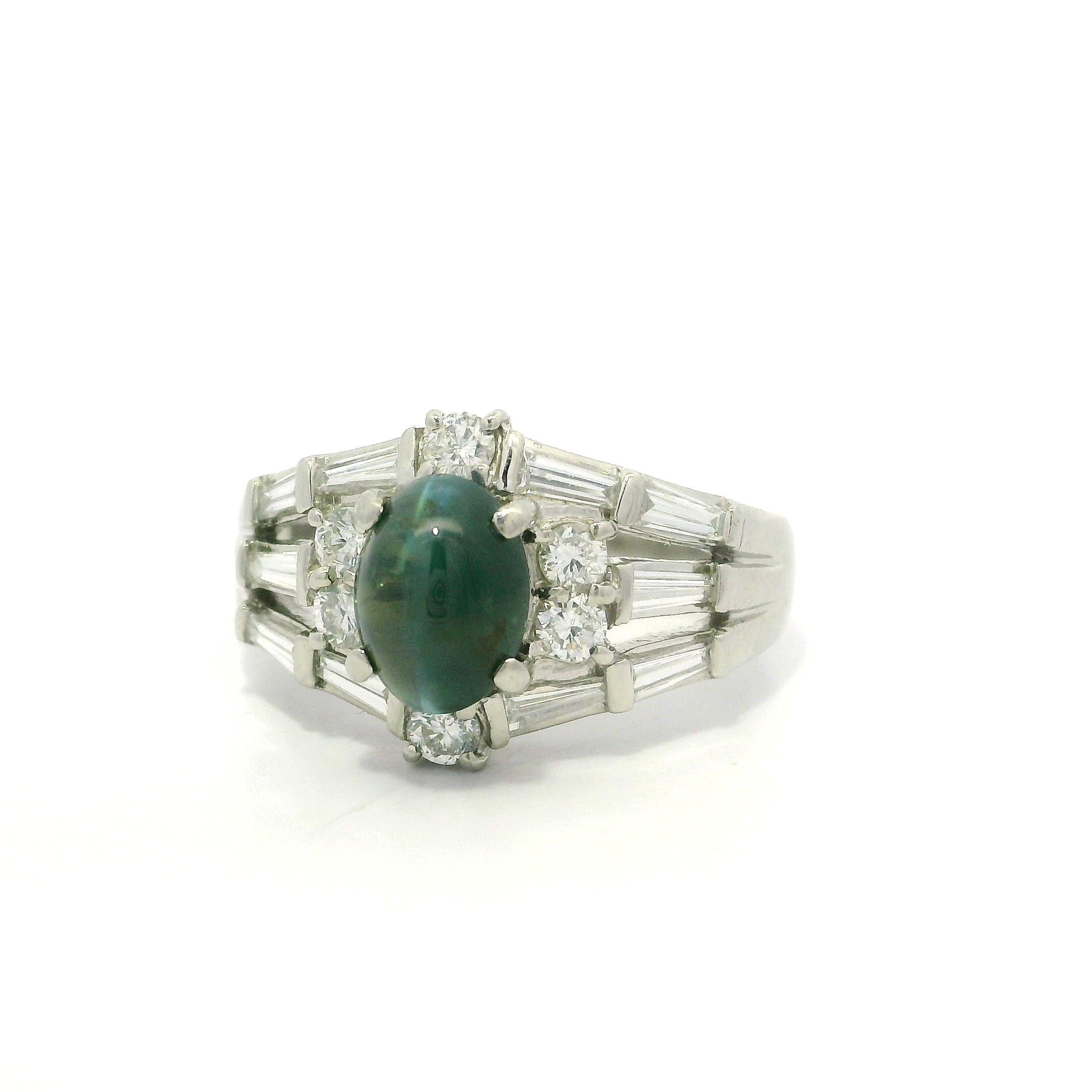 Platinum GIA 2.78ctw Cat's Eye Alexandrite Baguette Diamond Stack Look Ring For Sale 7