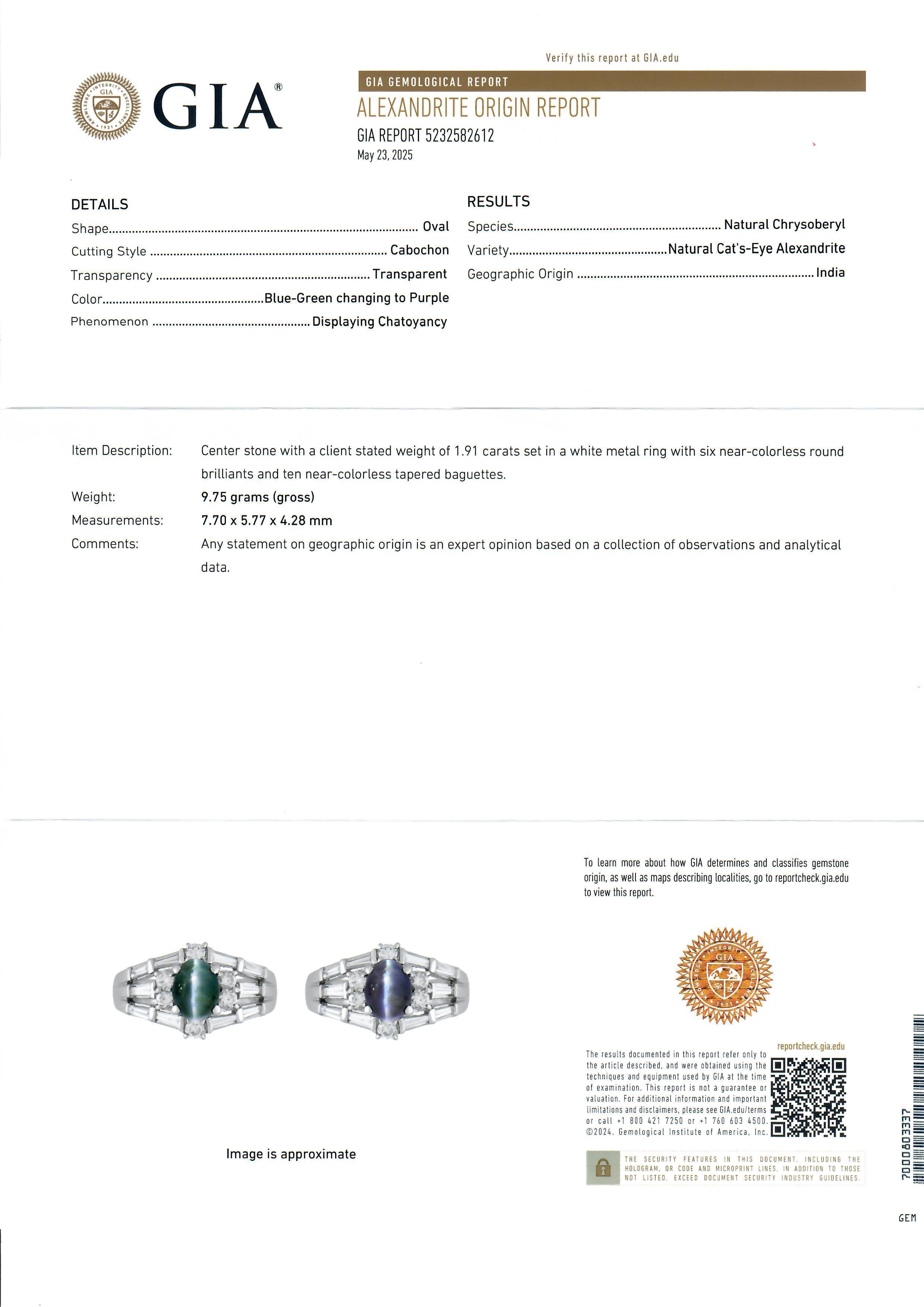 --Stone(s):--
(10) Natural Genuine Alexandrite Cat's Eye Chrysoberyl - Oval Cabochon Cut - Prong Set - Blue- Green Changing to Purple Color - 1.91ct (exact - stamped)
** See Certification Details Below for Complete Info **
(16) Natural Genuine