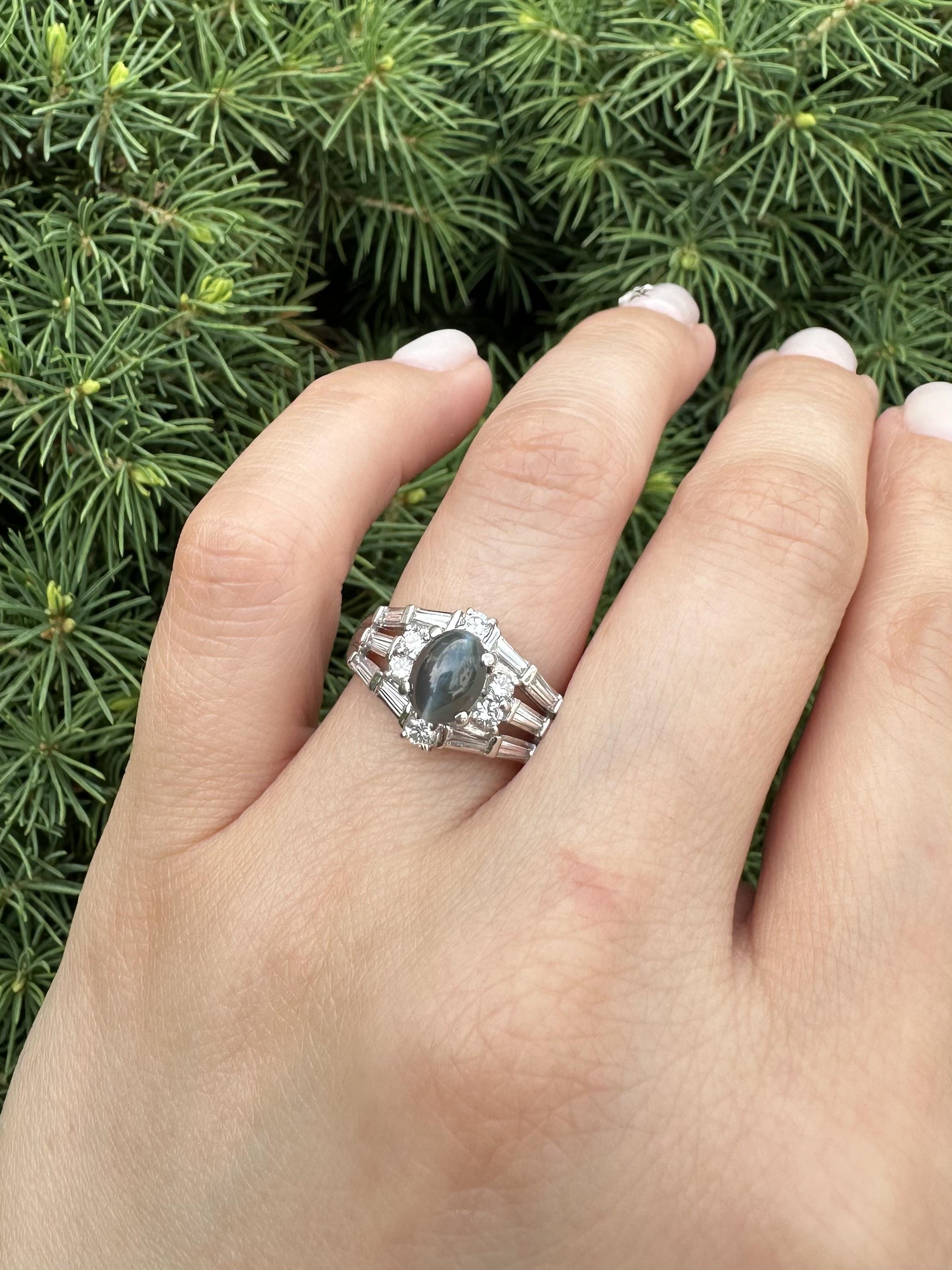 Cabochon Platinum GIA 2.78ctw Cat's Eye Alexandrite Baguette Diamond Stack Look Ring For Sale