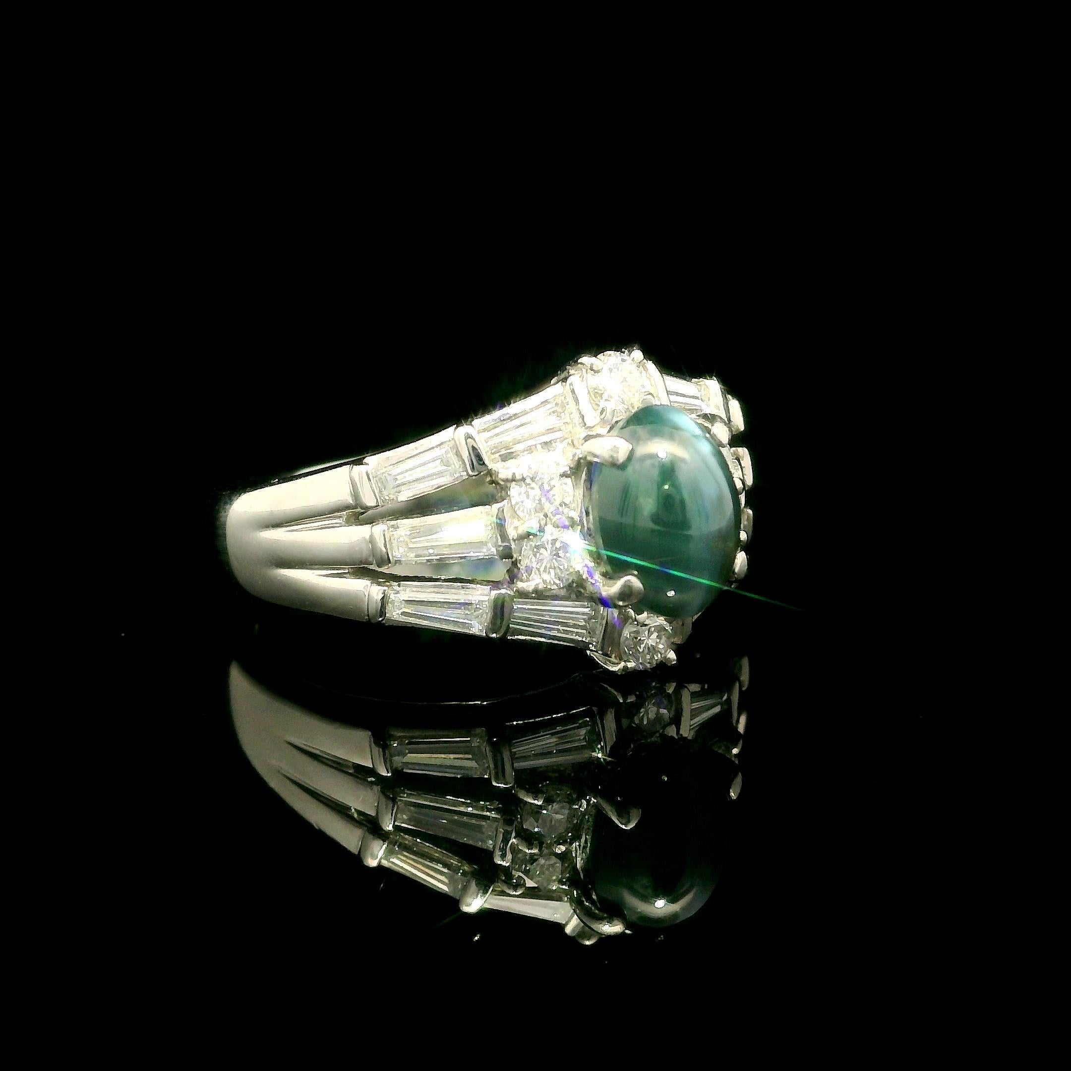 Platinum GIA 2.78ctw Cat's Eye Alexandrite Baguette Diamond Stack Look Ring In Excellent Condition For Sale In Montclair, NJ