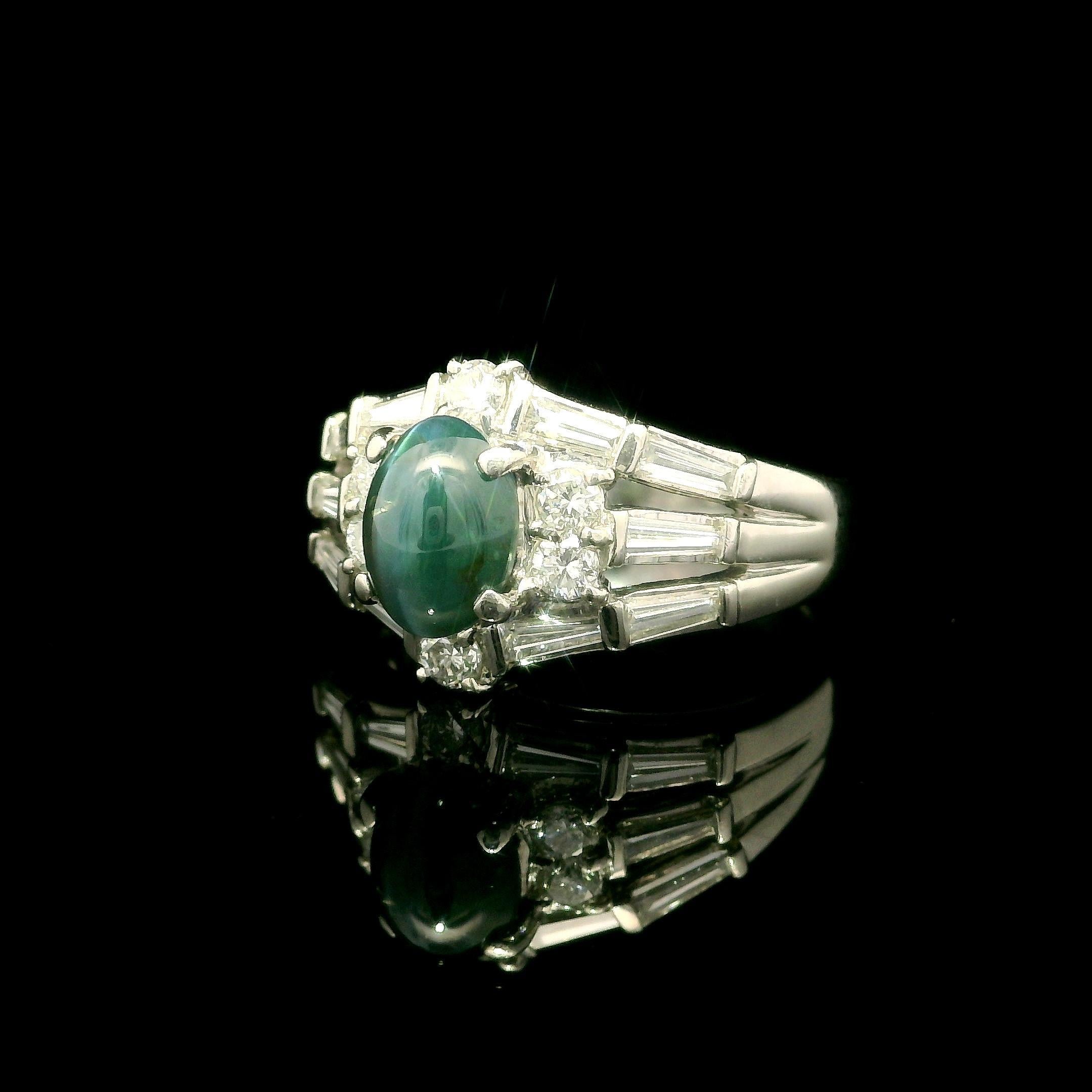 Women's Platinum GIA 2.78ctw Cat's Eye Alexandrite Baguette Diamond Stack Look Ring For Sale