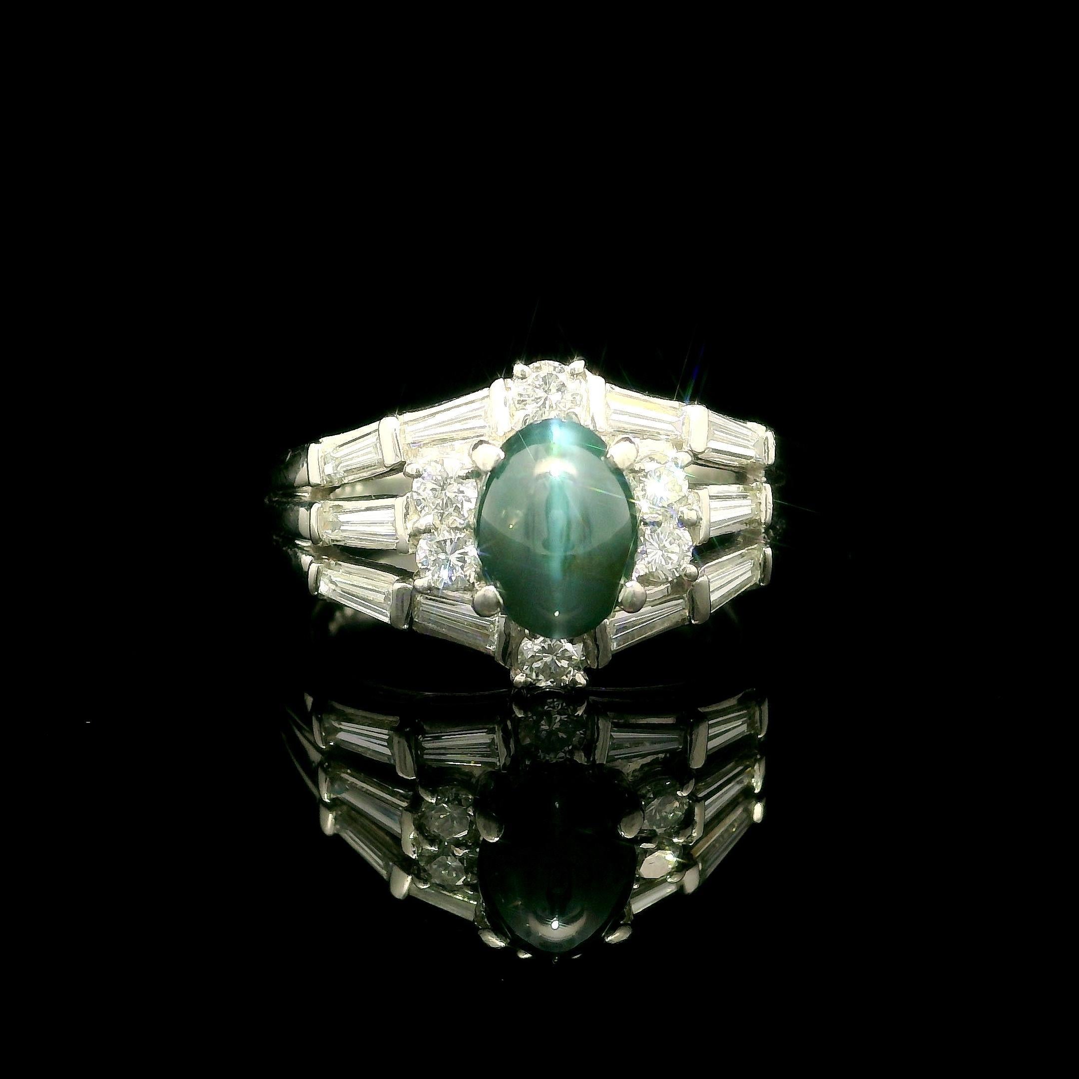 Platinum GIA 2.78ctw Cat's Eye Alexandrite Baguette Diamond Stack Look Ring For Sale 4