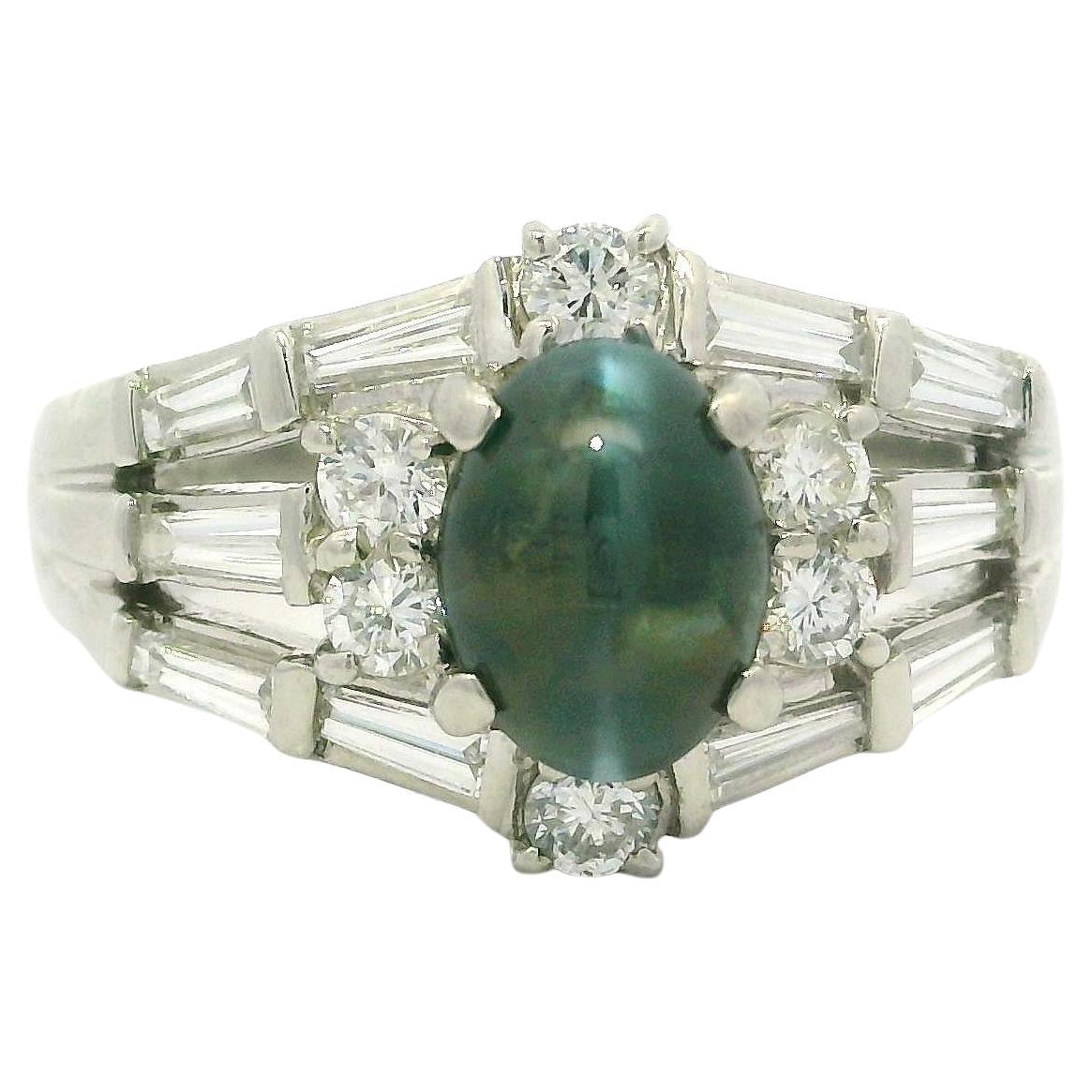 Platinum GIA 2.78ctw Cat's Eye Alexandrite Baguette Diamond Stack Look Ring