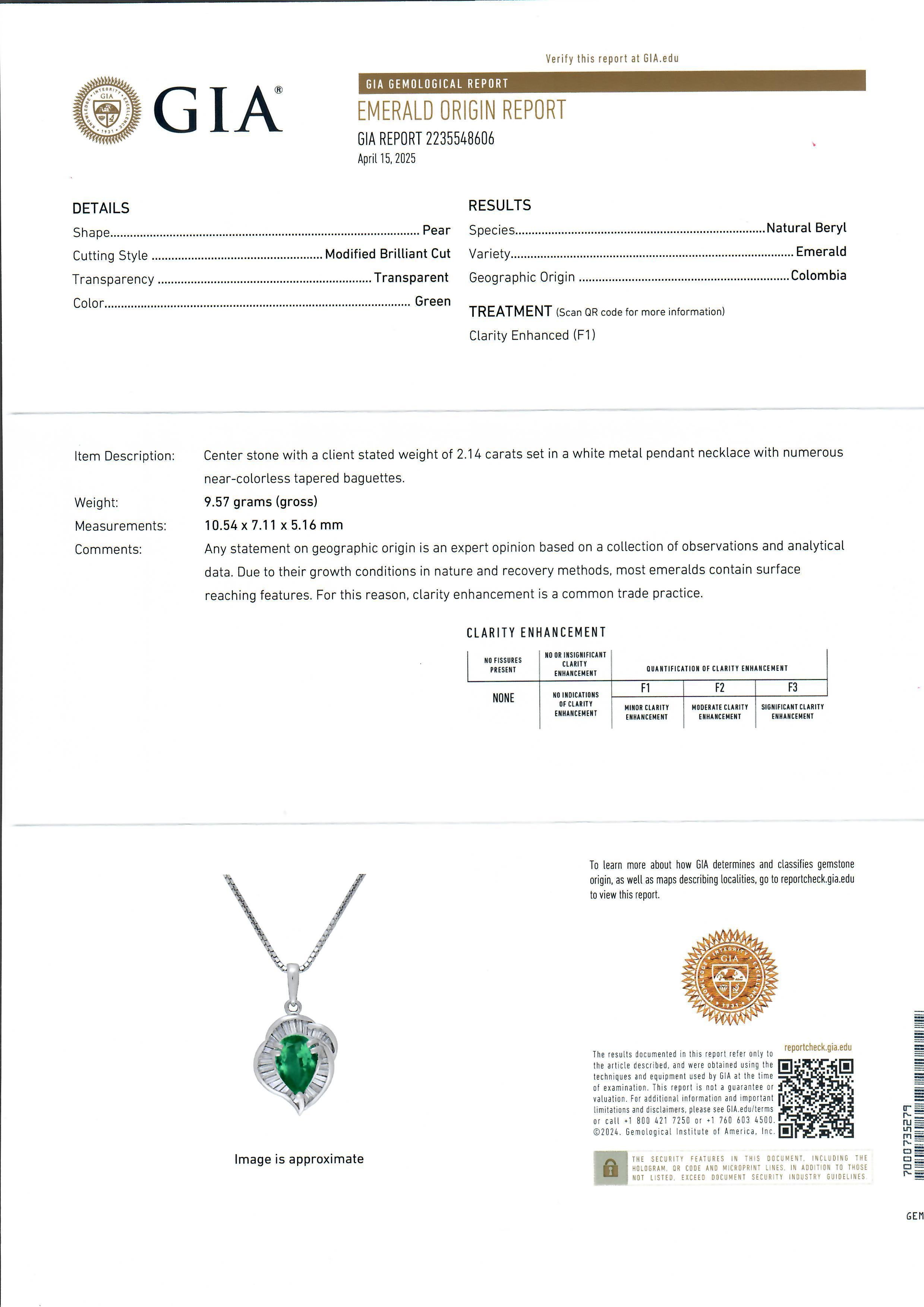 Platinum GIA 2.78ctw Pear Colombian F1 Emerald & Diamond Pendant Necklace In Excellent Condition For Sale In Montclair, NJ