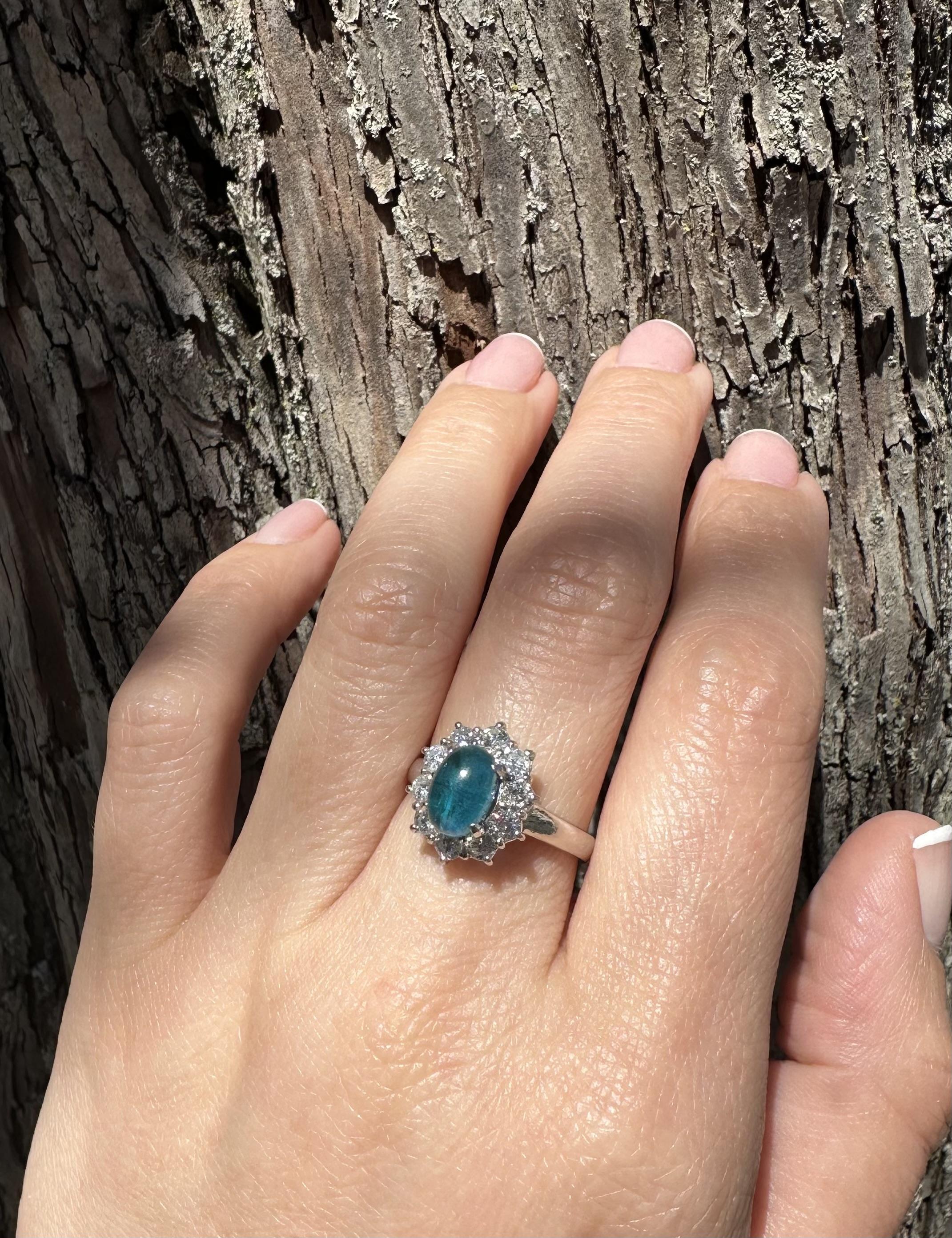 Platinum GIA 2.87ctw Oval Cabochon Brazilian Paraiba Tourmaline & Diamond Ring For Sale 8
