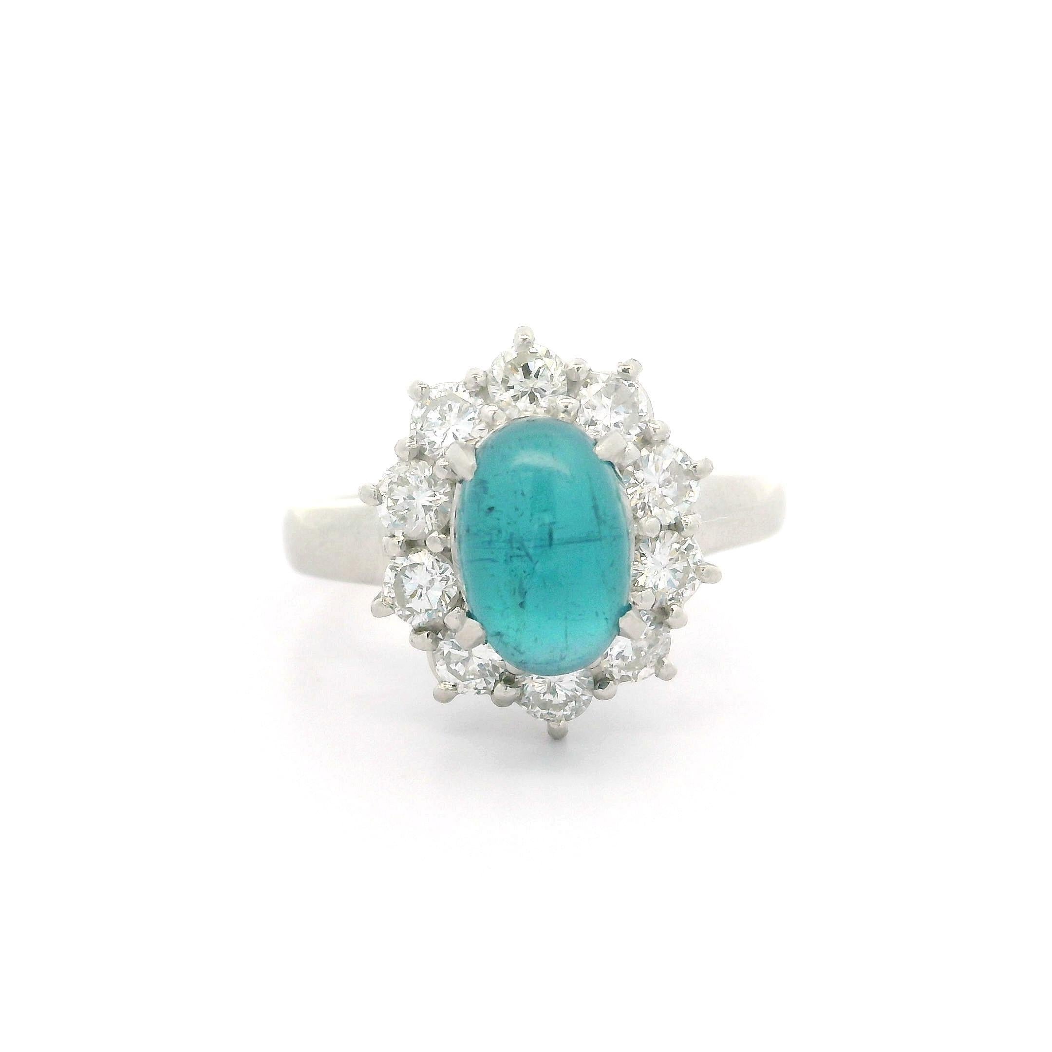 Platinum GIA 2.87ctw Oval Cabochon Brazilian Paraiba Tourmaline & Diamond Ring For Sale 9