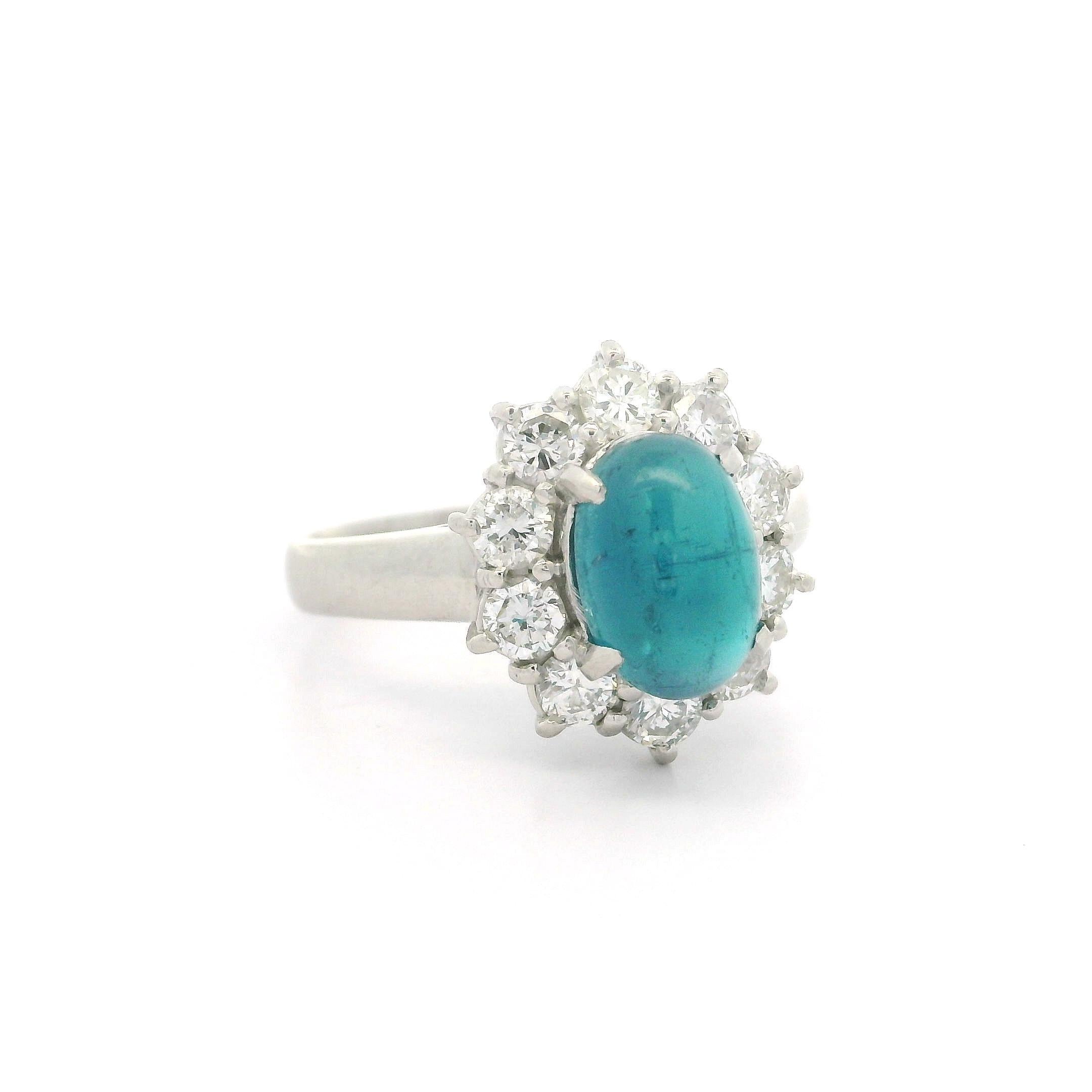 Platinum GIA 2.87ctw Oval Cabochon Brazilian Paraiba Tourmaline & Diamond Ring For Sale 10