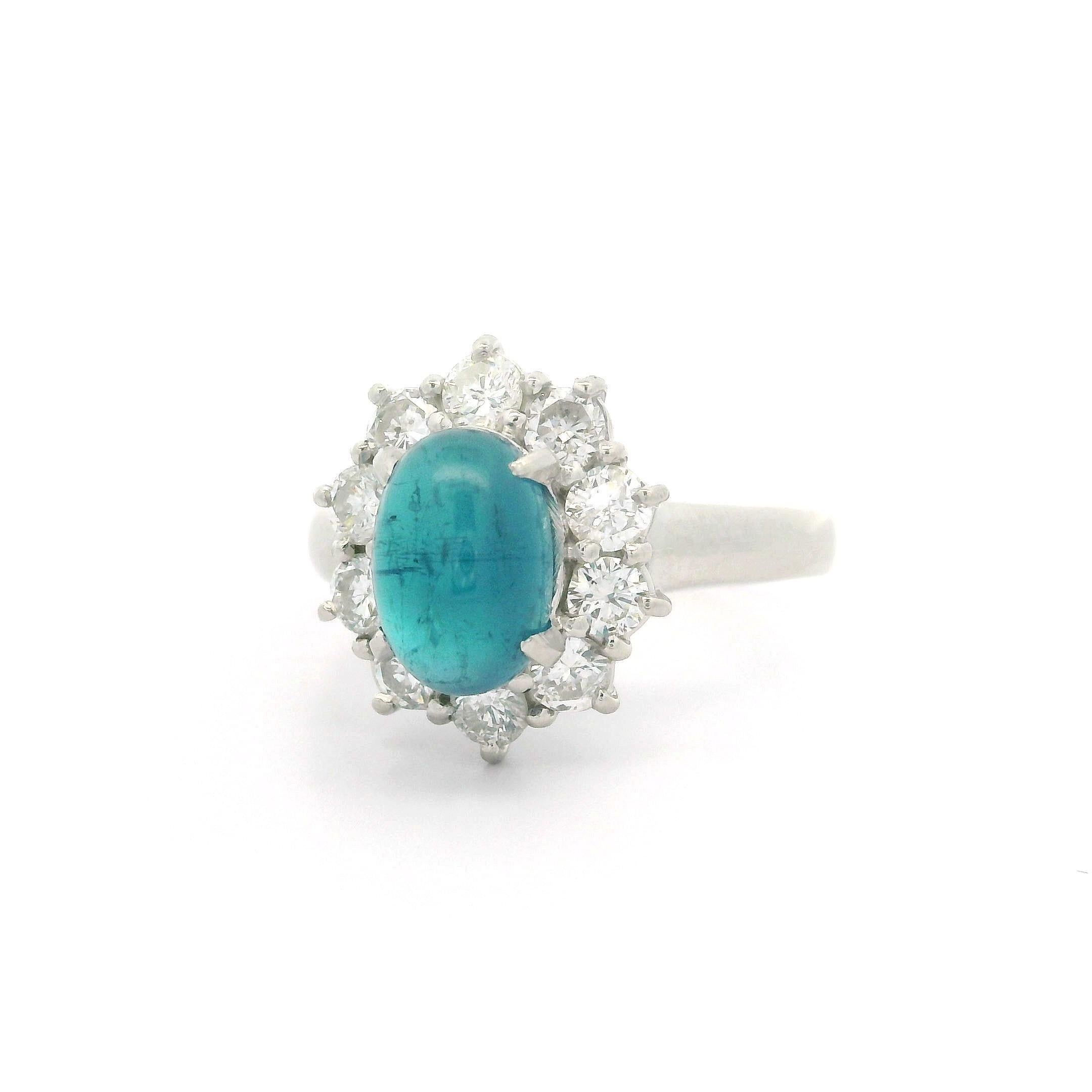 Platinum GIA 2.87ctw Oval Cabochon Brazilian Paraiba Tourmaline & Diamond Ring For Sale 11