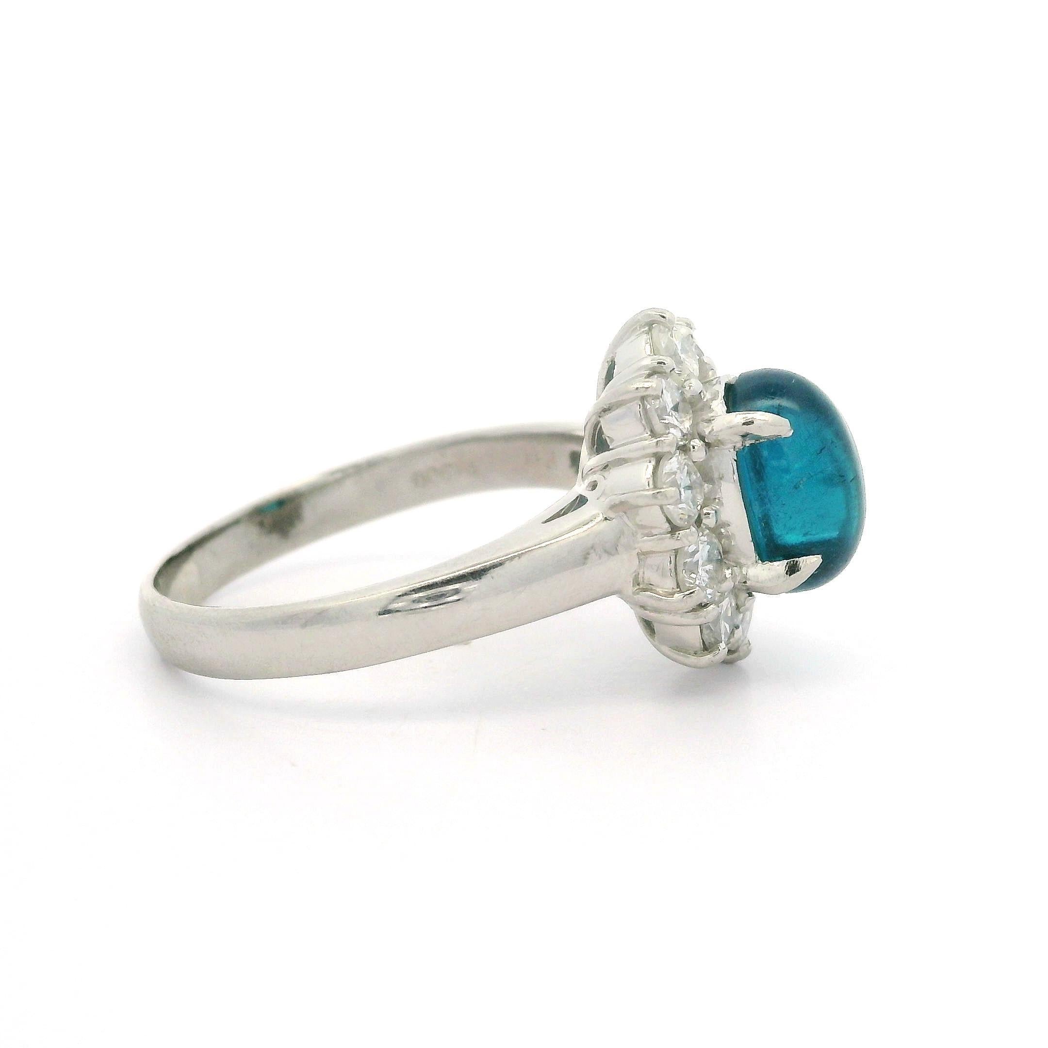 Platinum GIA 2.87ctw Oval Cabochon Brazilian Paraiba Tourmaline & Diamond Ring For Sale 12