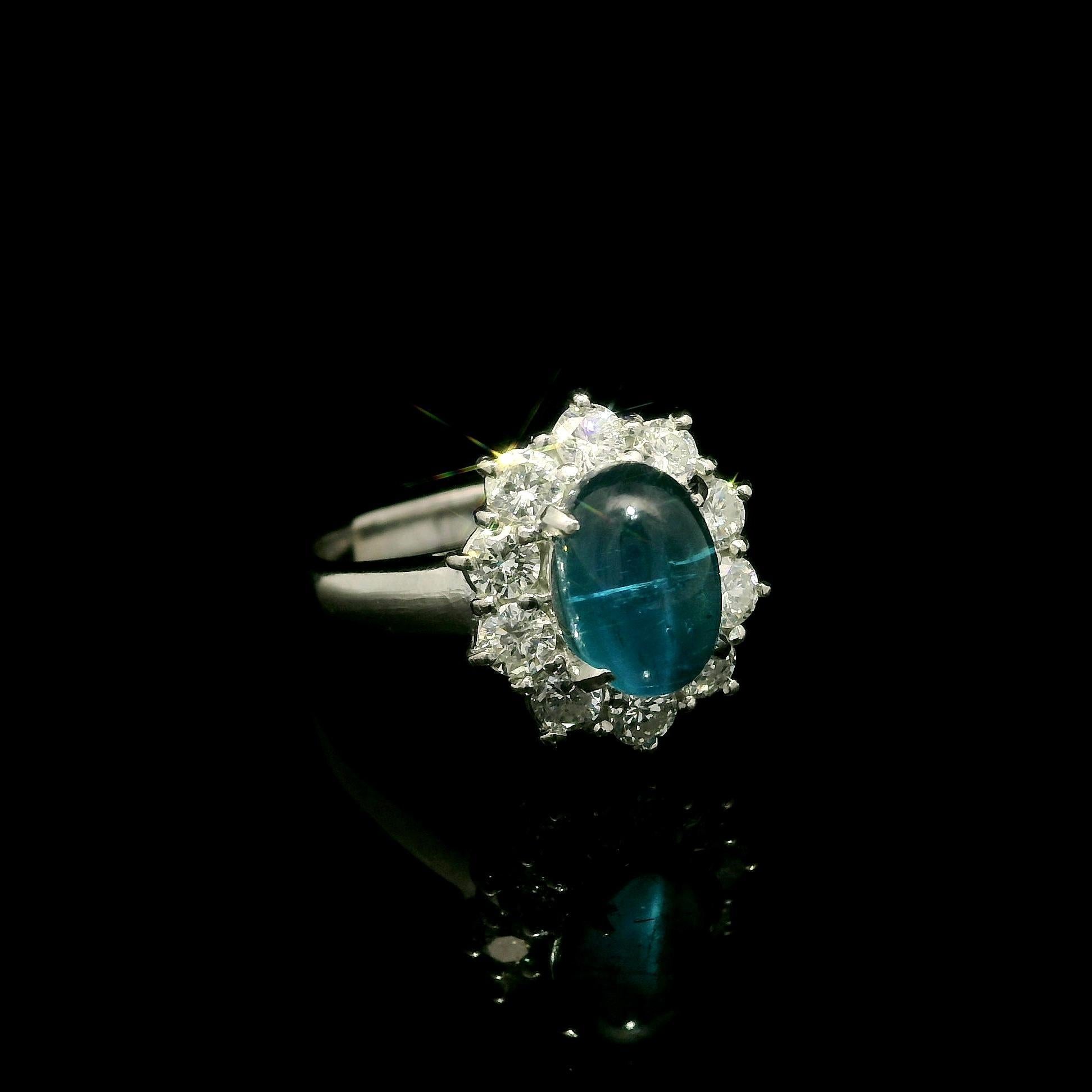 Platinum GIA 2.87ctw Oval Cabochon Brazilian Paraiba Tourmaline & Diamond Ring For Sale 13