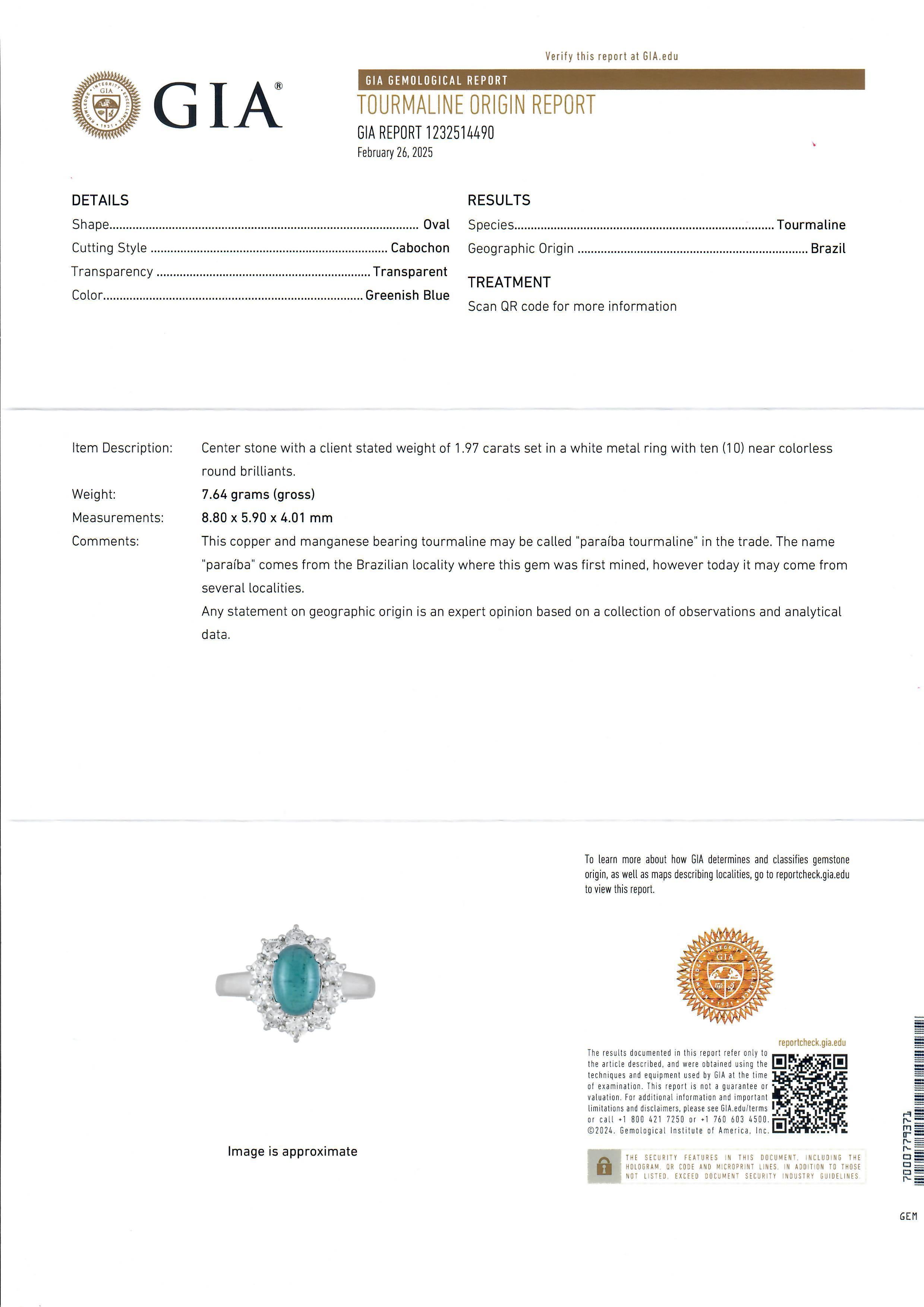 Platinum GIA 2.87ctw Oval Cabochon Brazilian Paraiba Tourmaline & Diamond Ring For Sale 1