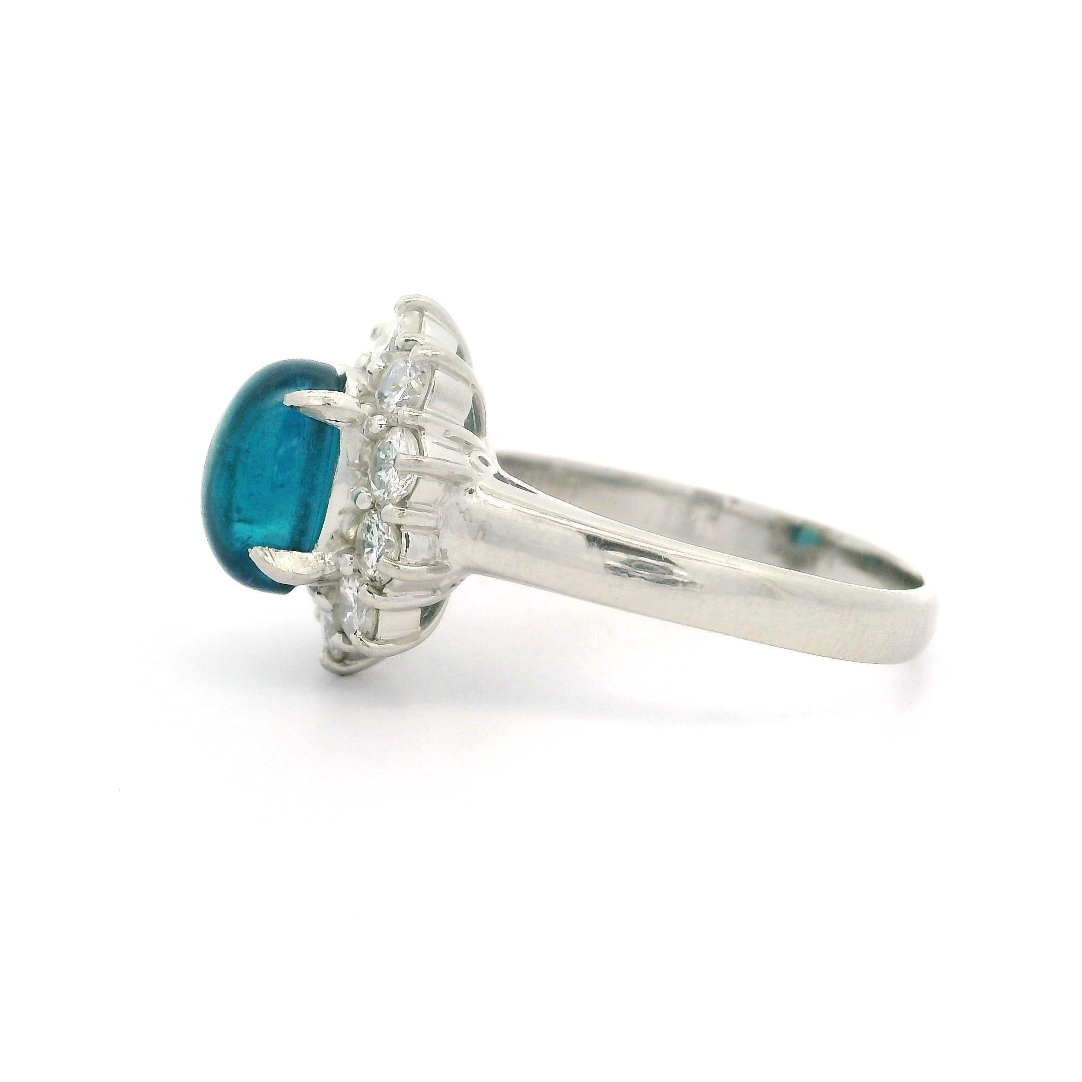 Platinum GIA 2.87ctw Oval Cabochon Brazilian Paraiba Tourmaline & Diamond Ring For Sale 3